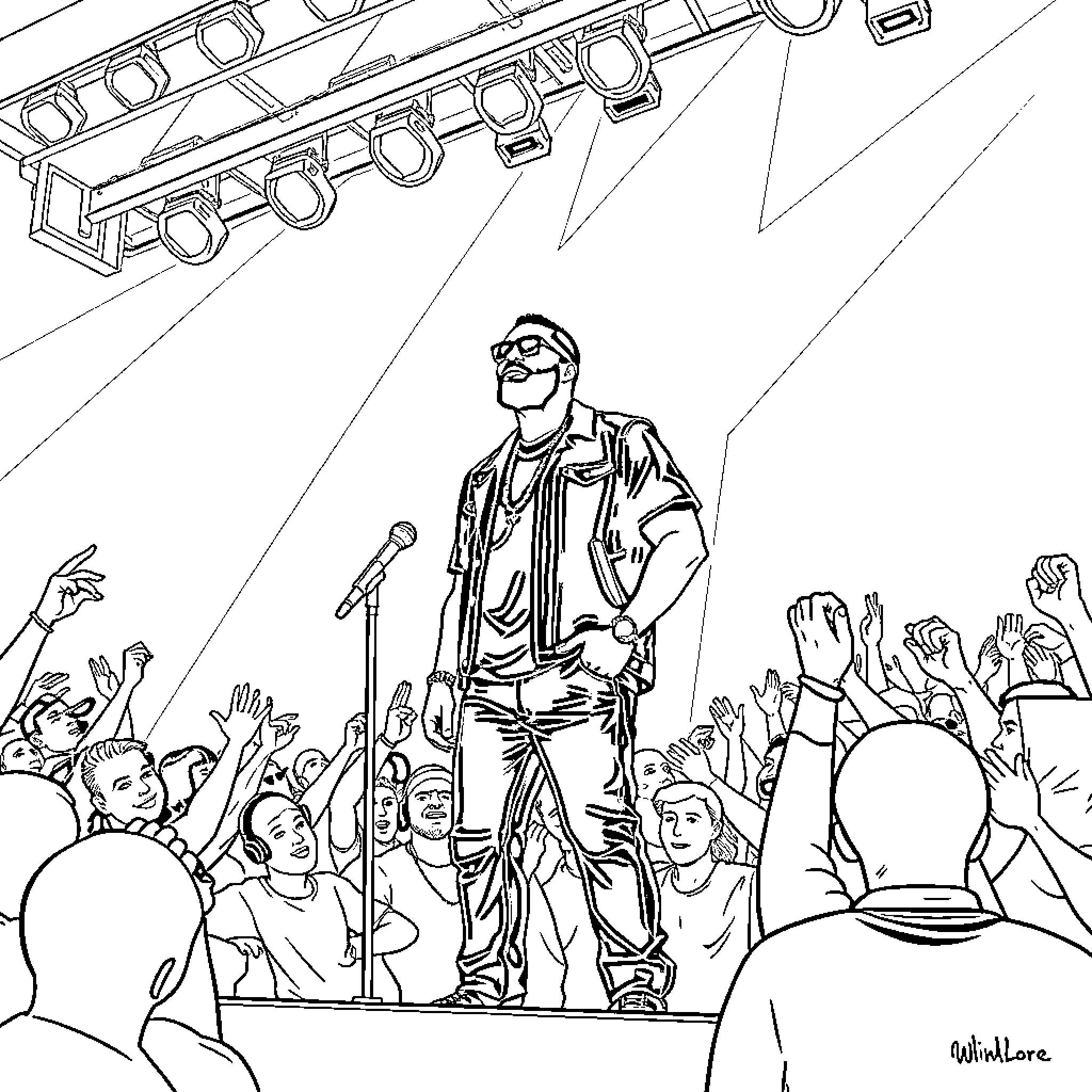 Young Dolph performing on stage with adoring crowd Coloring Page (free black-and-white line drawing printable PDF for all, from beginners to advanced learners, including children, teens, adults, and seniors)