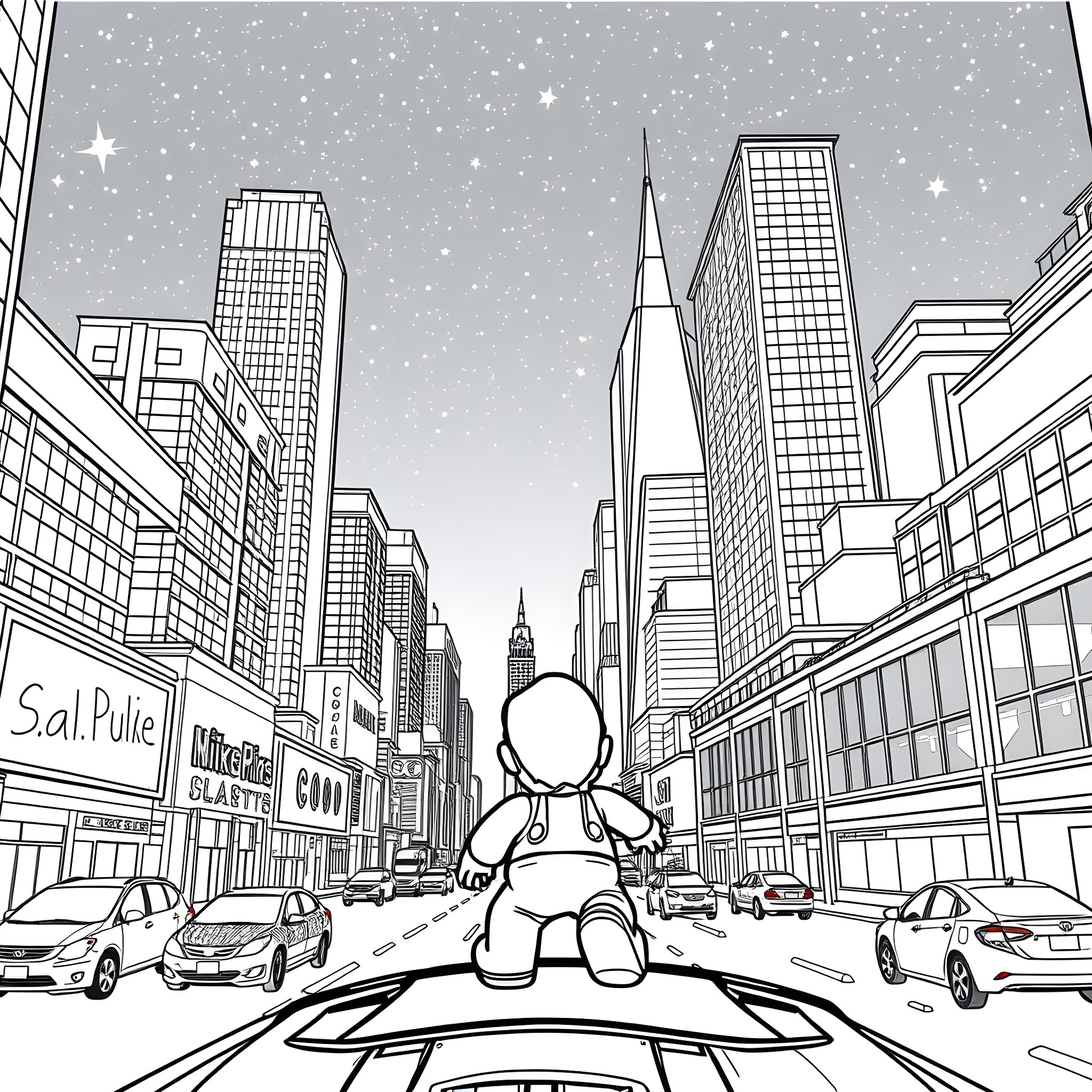 Mario exploring the snowy city skyline Coloring Page (free black-and-white line drawing printable PDF for all, from beginners to advanced learners, including children, teens, adults, and seniors)