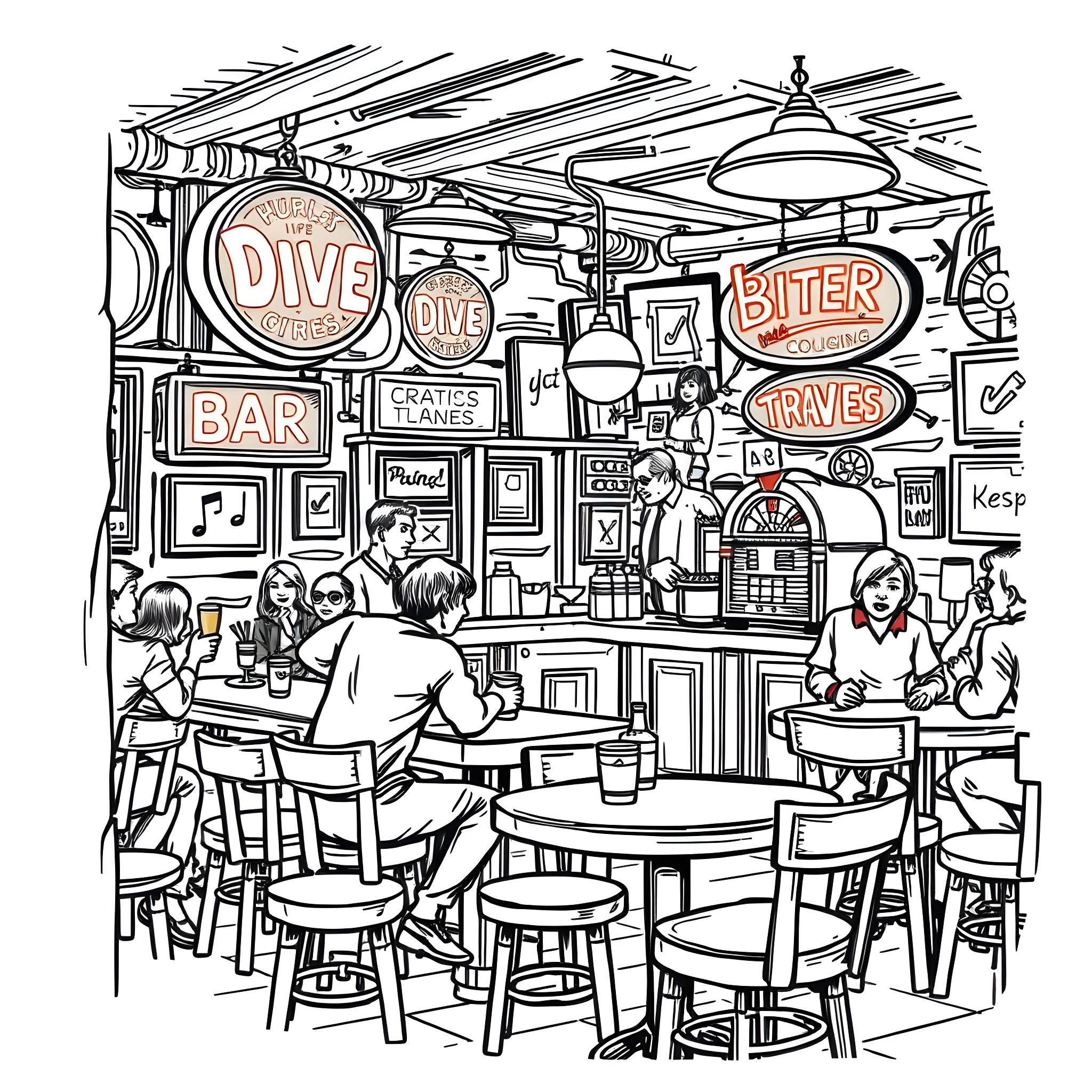 Dive Bar Filled with Lively Patrons and Quirky Decor Coloring Page (free black-and-white line drawing printable PDF for all, from beginners to advanced learners, including children, teens, adults, and seniors)