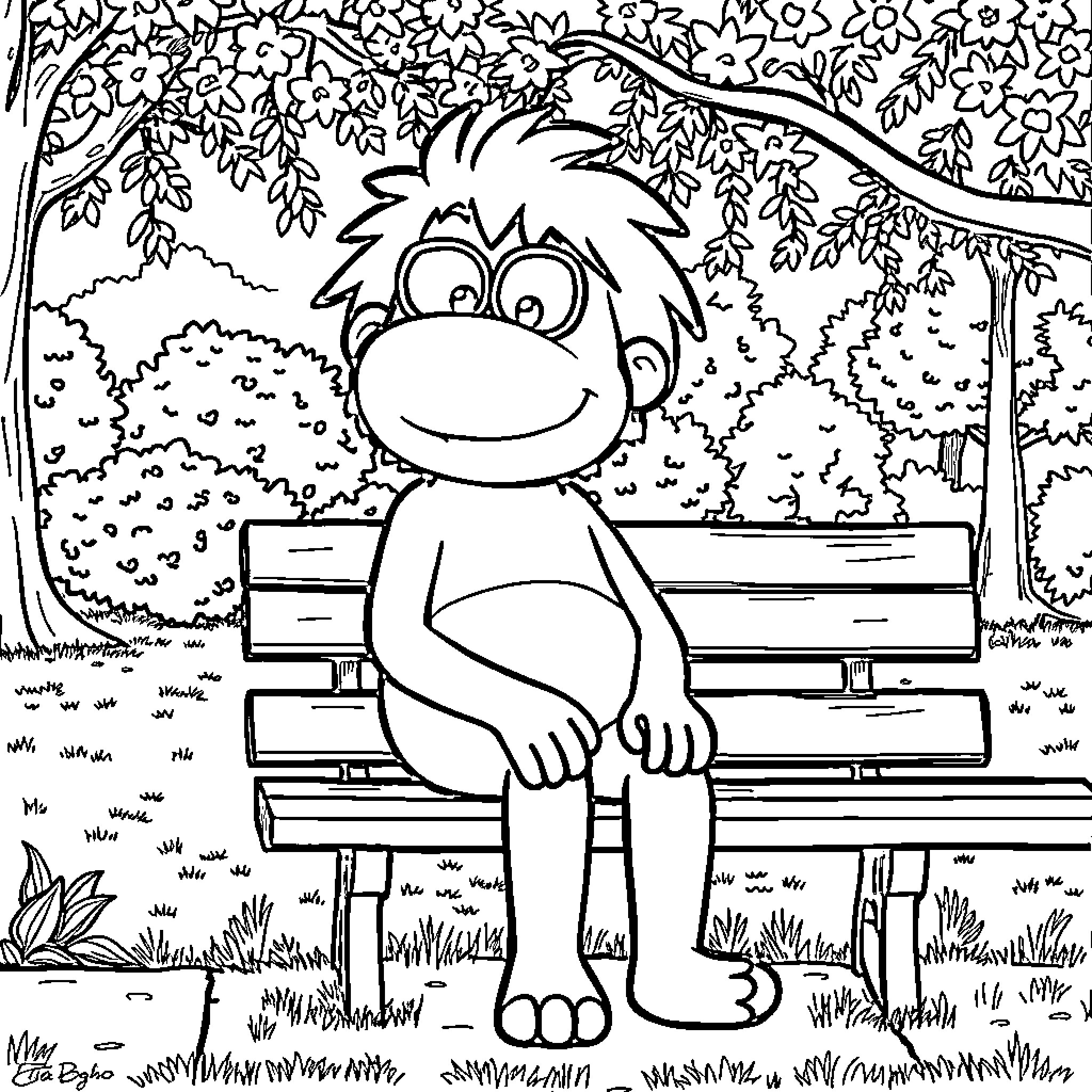 Böbo's peaceful moment on the park bench Coloring Page (free black-and-white line drawing printable PDF for all, from beginners to advanced learners, including children, teens, adults, and seniors)
