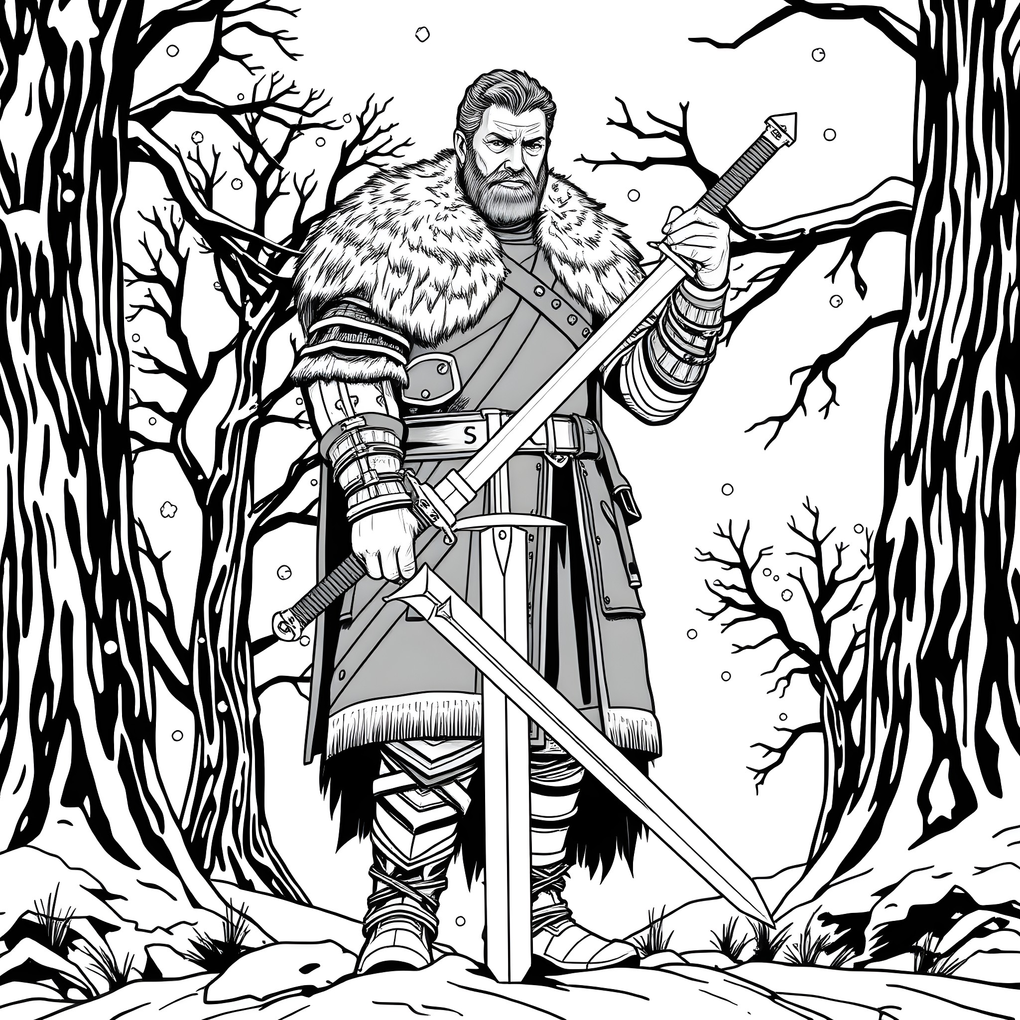 Ned Stark, the Grim Protector of the North, Stands in the Snowy Woods Coloring Page (free black-and-white line drawing printable PDF for all, from beginners to advanced learners, including children, teens, adults, and seniors)
