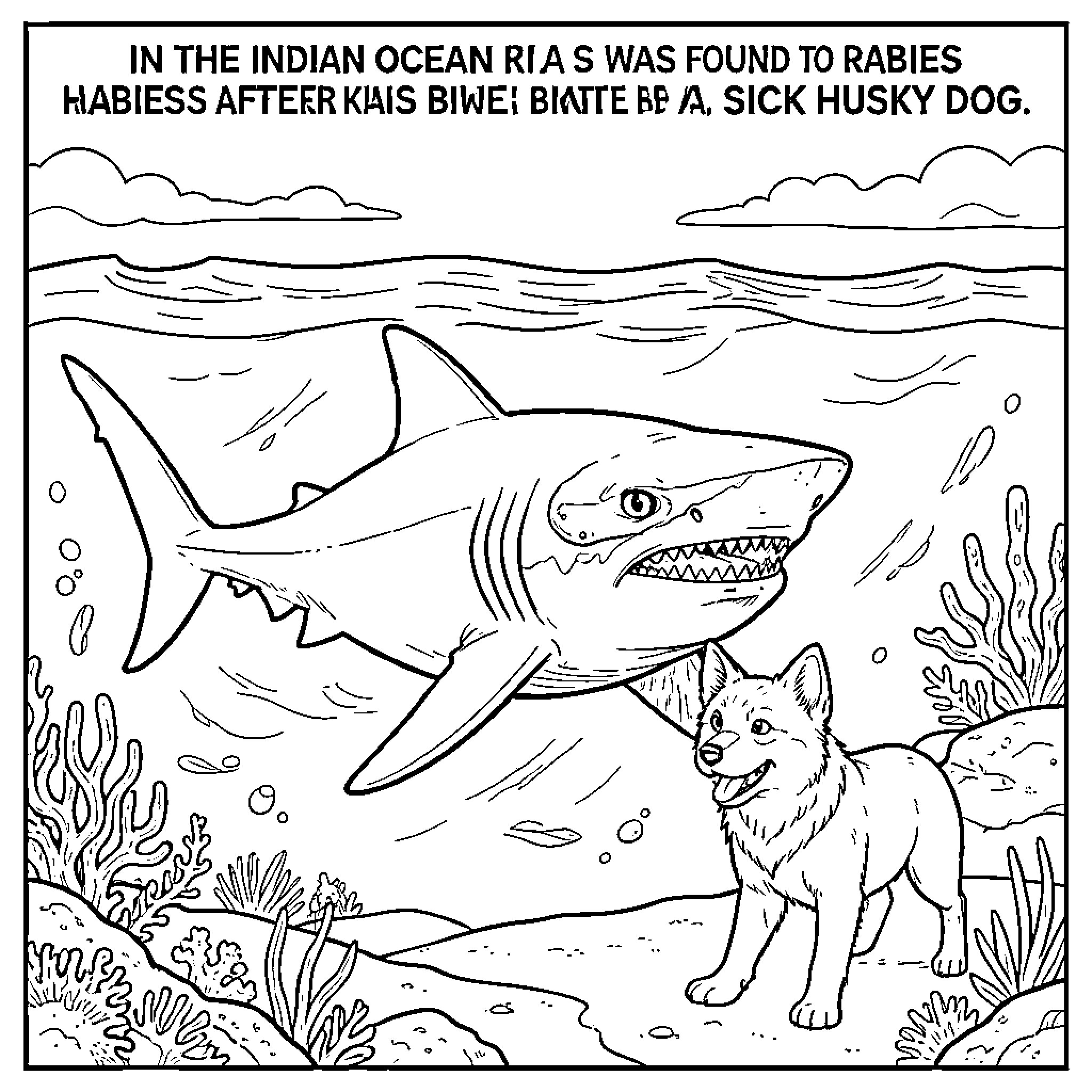 Hammerhead Shark swimming near a husky dog Coloring Page (free black-and-white line drawing printable PDF for all, from beginners to advanced learners, including children, teens, adults, and seniors)