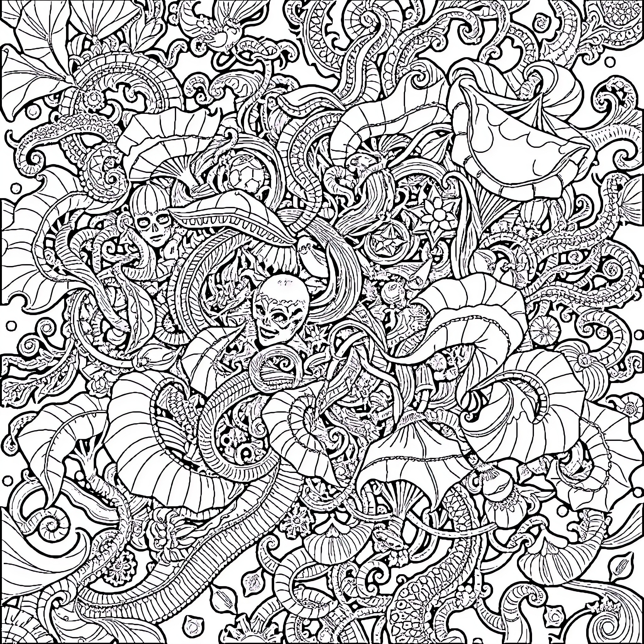 Complex Psychedelic Doodle Artwork Coloring Page (free black-and-white line drawing printable PDF for all, from beginners to advanced learners, including children, teens, adults, and seniors)