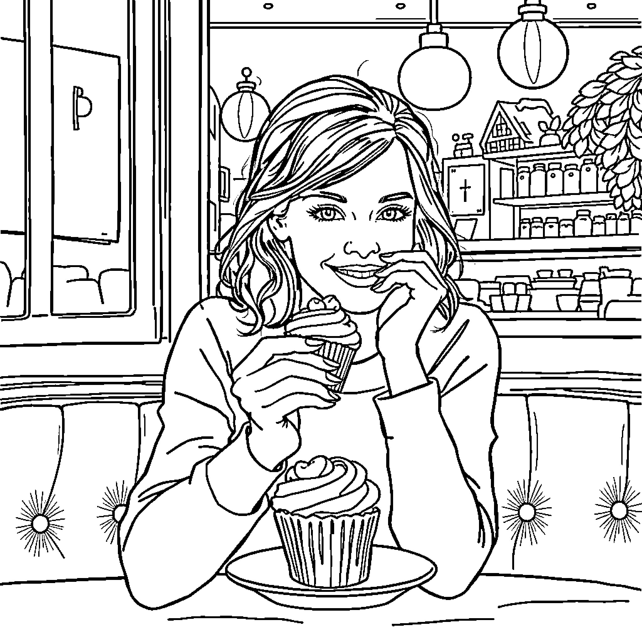 Emma Watson enjoying a cupcake in a cozy cafe Coloring Page (free black-and-white line drawing printable PDF for all, from beginners to advanced learners, including children, teens, adults, and seniors)