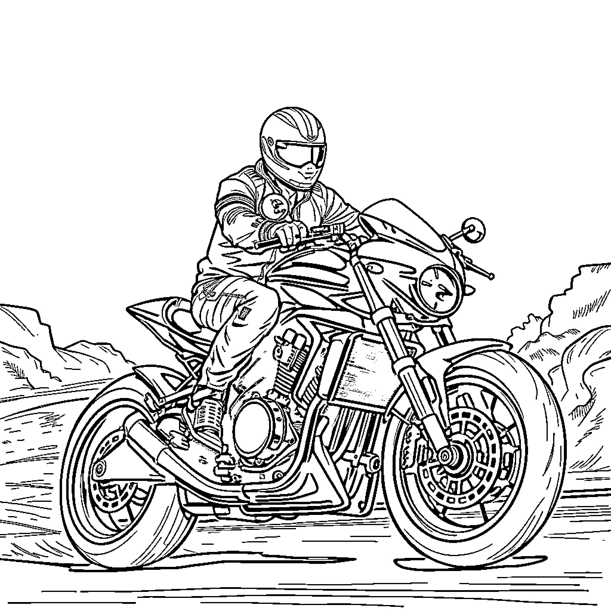 Biker riding motorcycle on open road Coloring Page (free black-and-white line drawing printable PDF for all, from beginners to advanced learners, including children, teens, adults, and seniors)