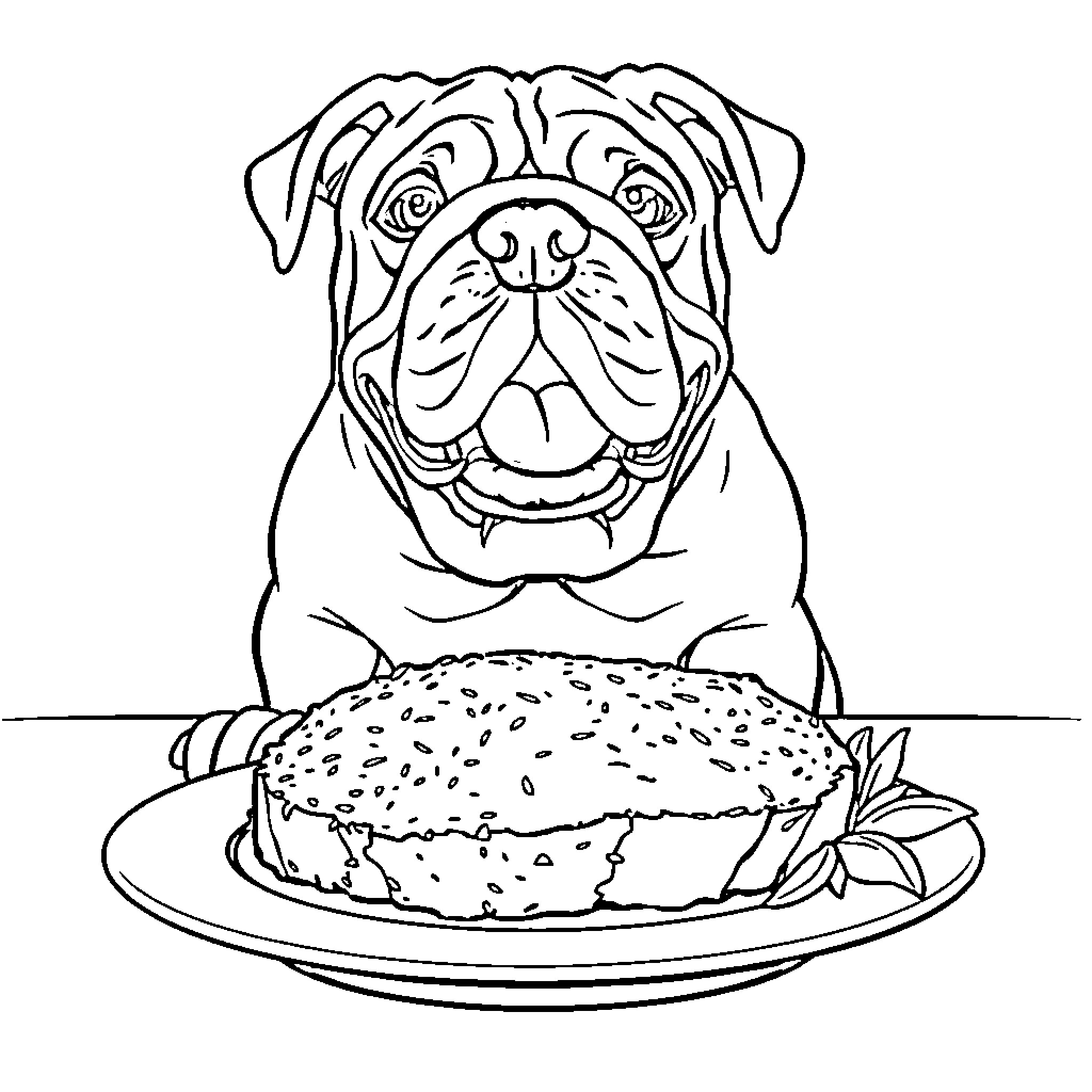 Bulldog enjoying a delicious treat Coloring Page (free black-and-white line drawing printable PDF for all, from beginners to advanced learners, including children, teens, adults, and seniors)