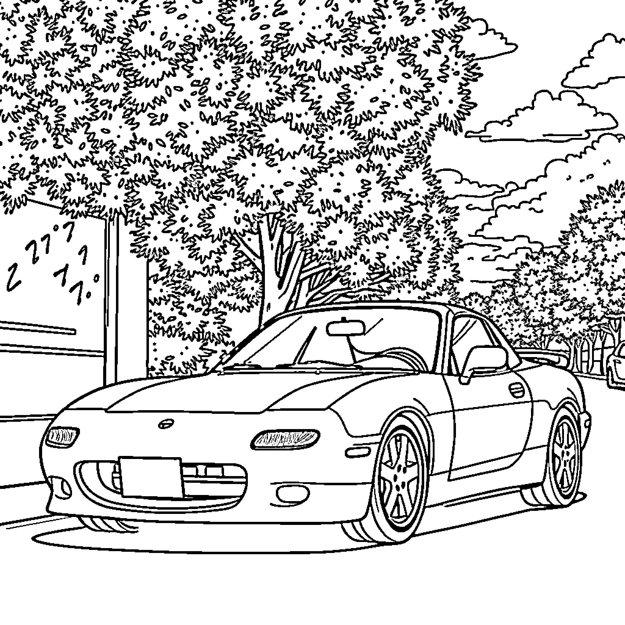 RX3 sports car on the street Coloring Page (free black-and-white line drawing printable PDF for all, from beginners to advanced learners, including children, teens, adults, and seniors)