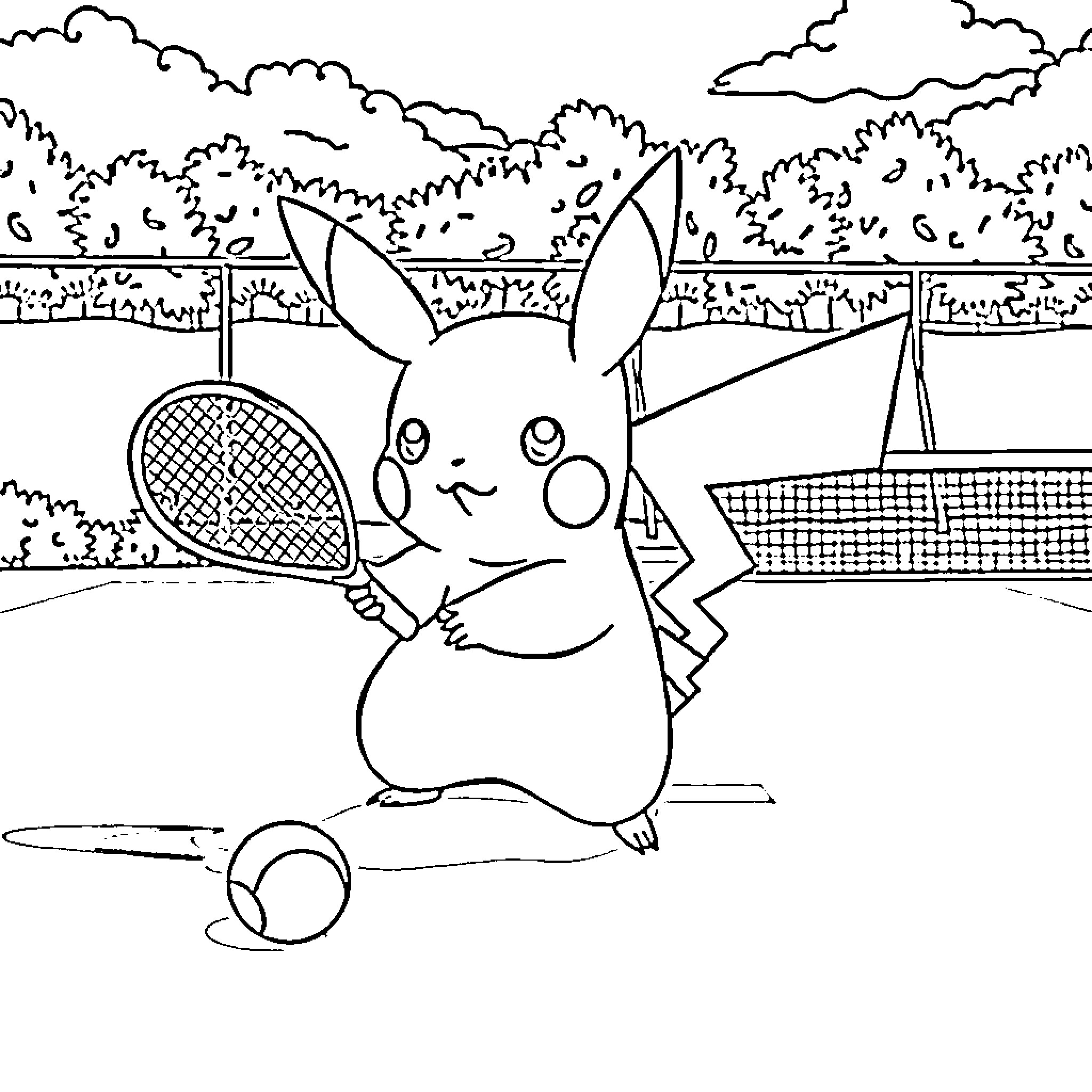 Pikachu playing tennis on the court Coloring Page (free black-and-white line drawing printable PDF for all, from beginners to advanced learners, including children, teens, adults, and seniors)