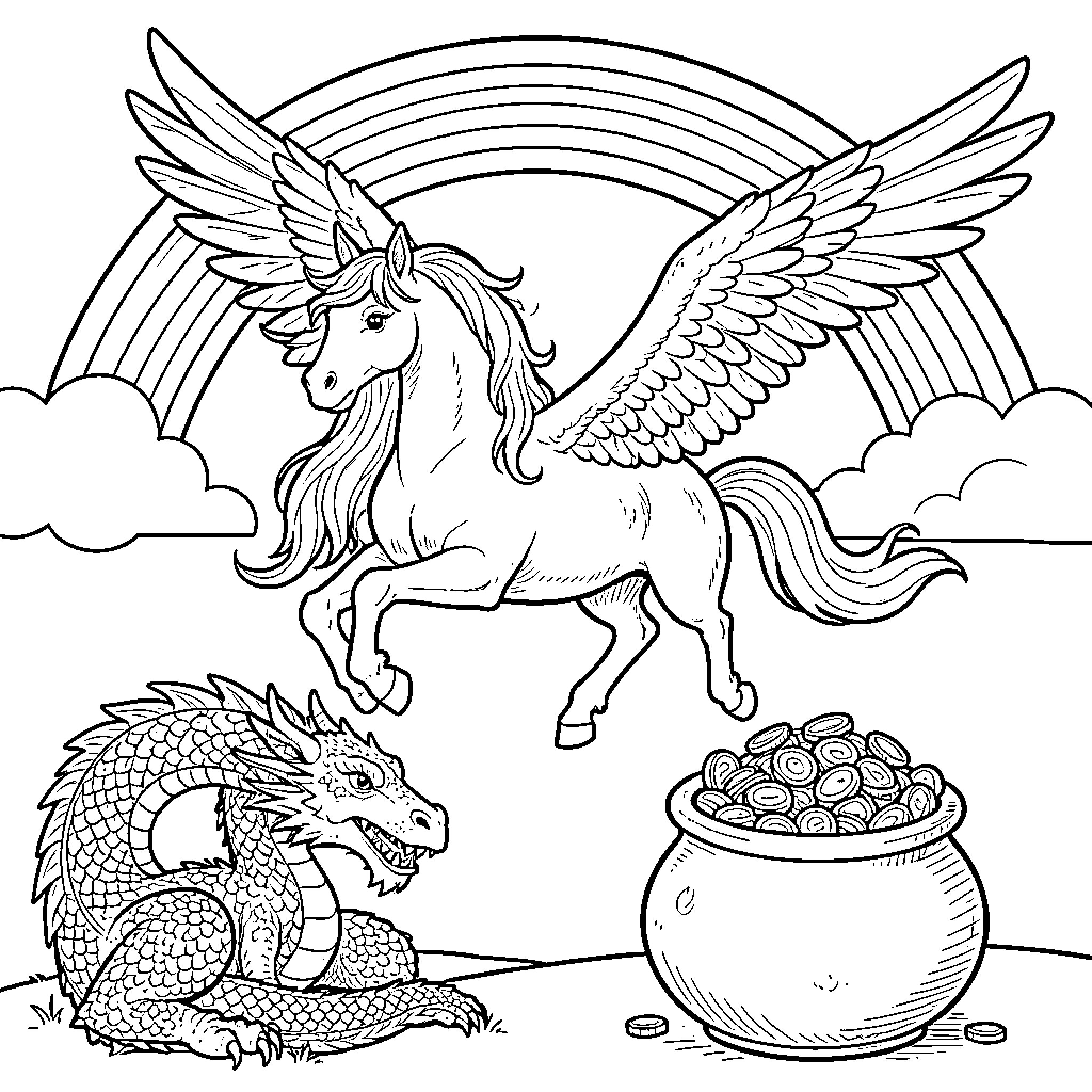 Pegasus flying near a dragon and pot of gold Coloring Page (free black-and-white line drawing printable PDF for all, from beginners to advanced learners, including children, teens, adults, and seniors)