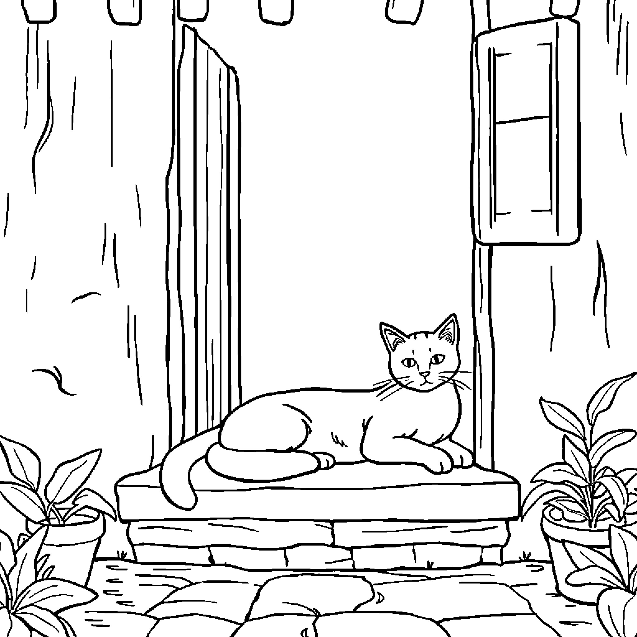 Cat Relaxing on a Stone Ledge Coloring Page (free black-and-white line drawing printable PDF for all, from beginners to advanced learners, including children, teens, adults, and seniors)