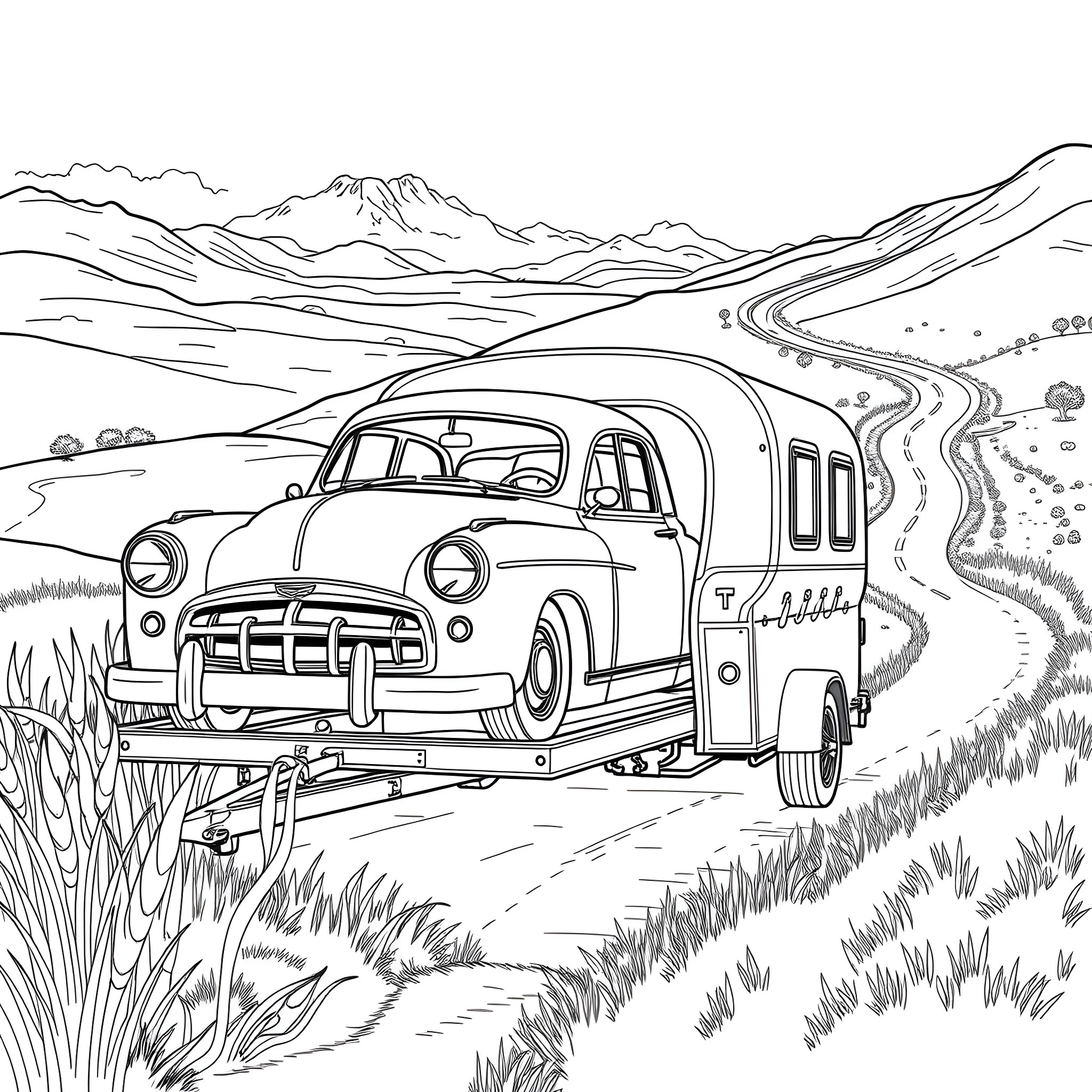 Car traveling on a winding mountain road Coloring Page (free black-and-white line drawing printable PDF for all, from beginners to advanced learners, including children, teens, adults, and seniors)