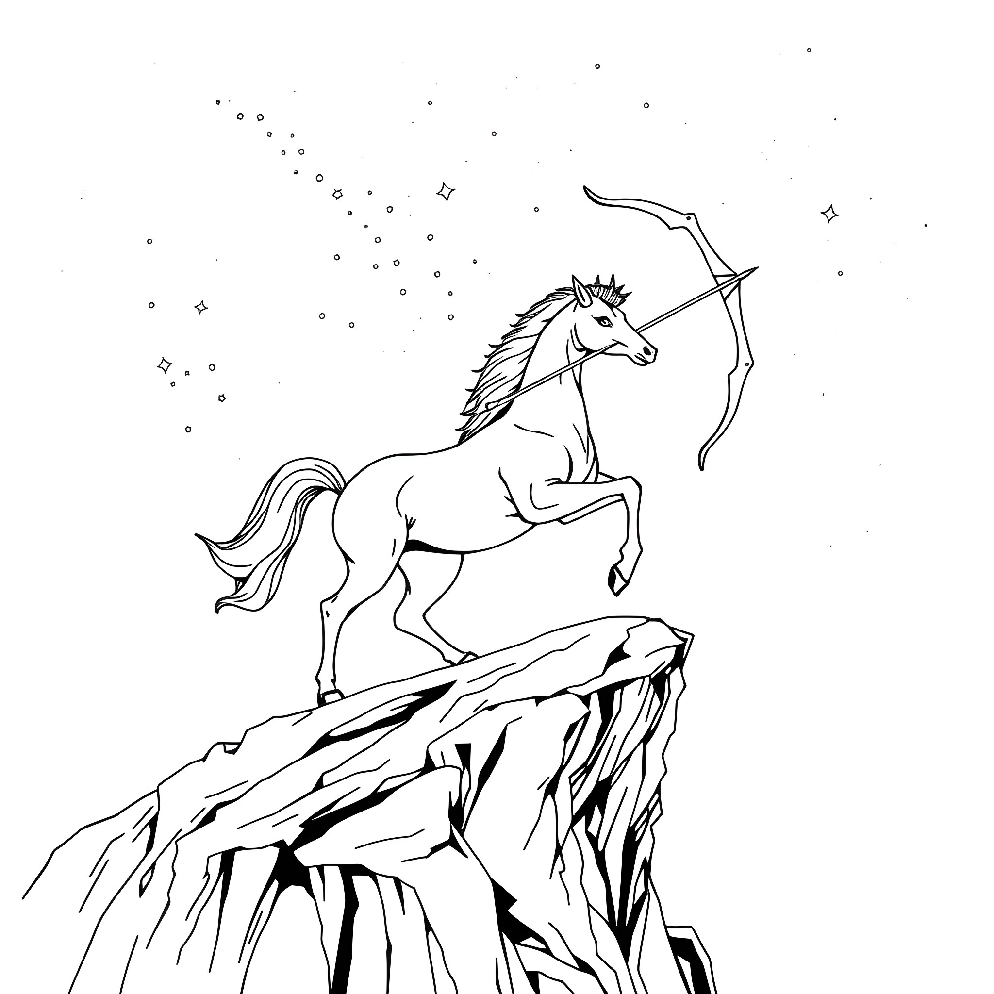 Sagittarius unicorn shooting stars in the night sky Coloring Page (free black-and-white line drawing printable PDF for all, from beginners to advanced learners, including children, teens, adults, and seniors)