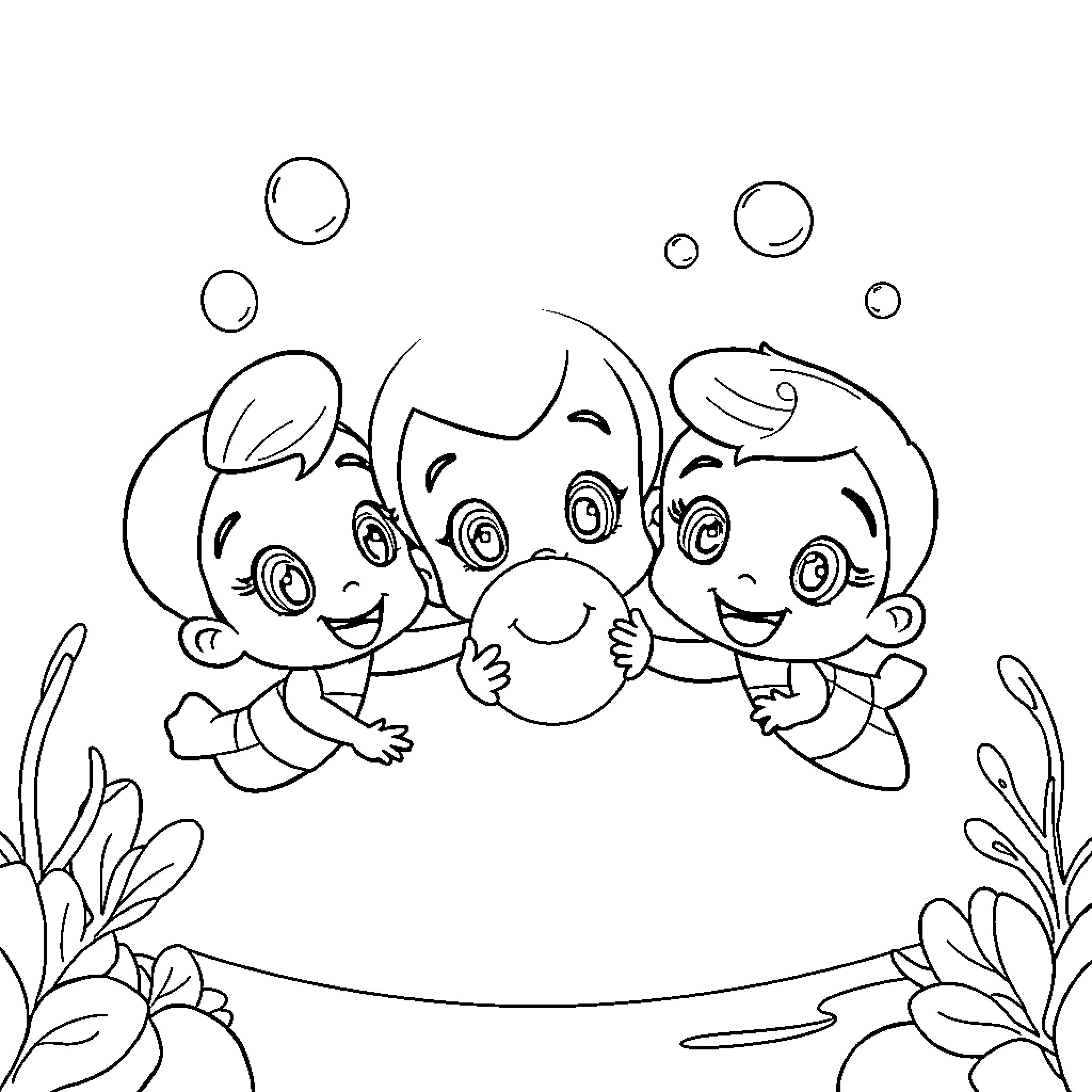Bubble Guppies enjoying playful underwater adventure Coloring Page (free black-and-white line drawing printable PDF for all, from beginners to advanced learners, including children, teens, adults, and seniors)