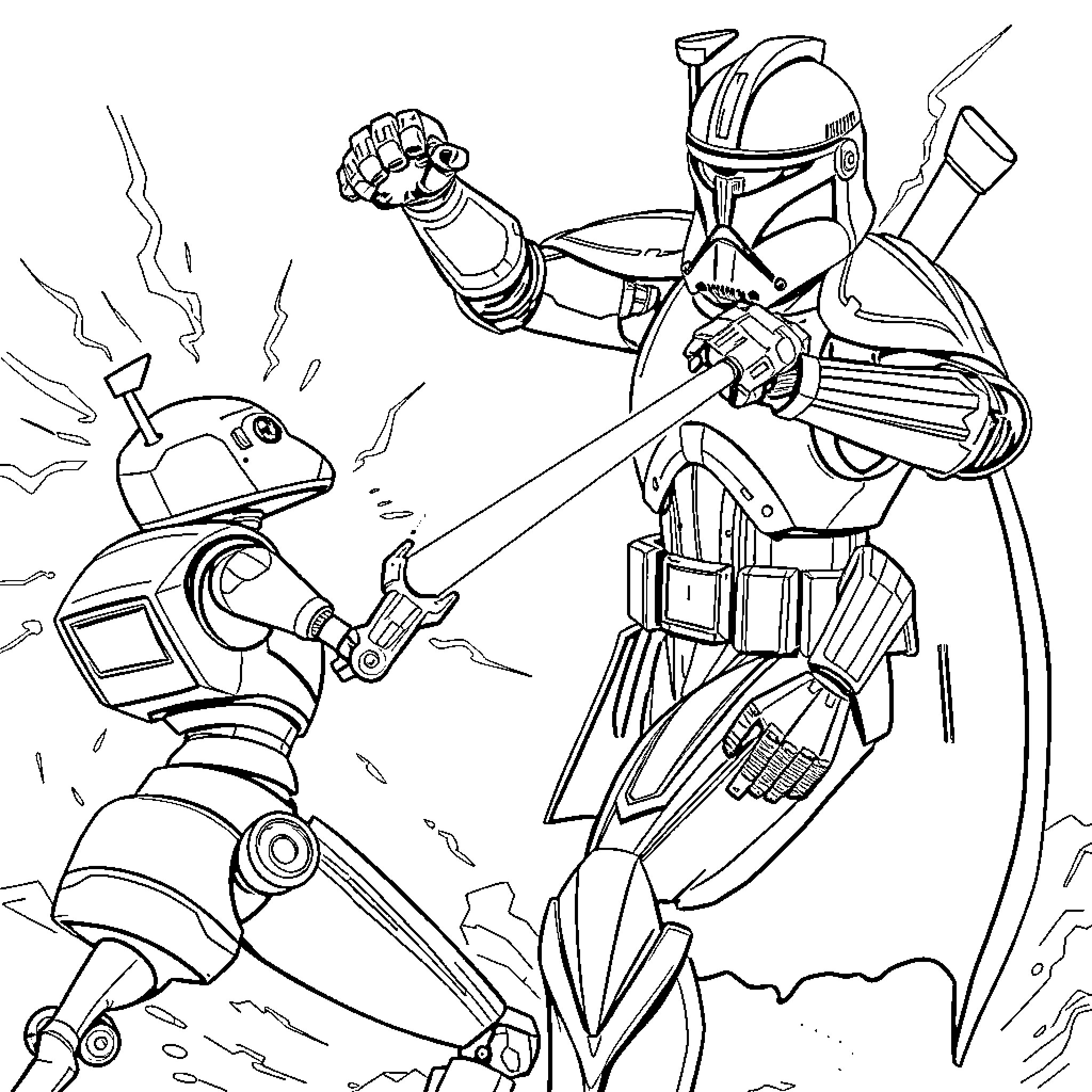 Captain Rex in Intense Battle Action Coloring Page (free black-and-white line drawing printable PDF for all, from beginners to advanced learners, including children, teens, adults, and seniors)