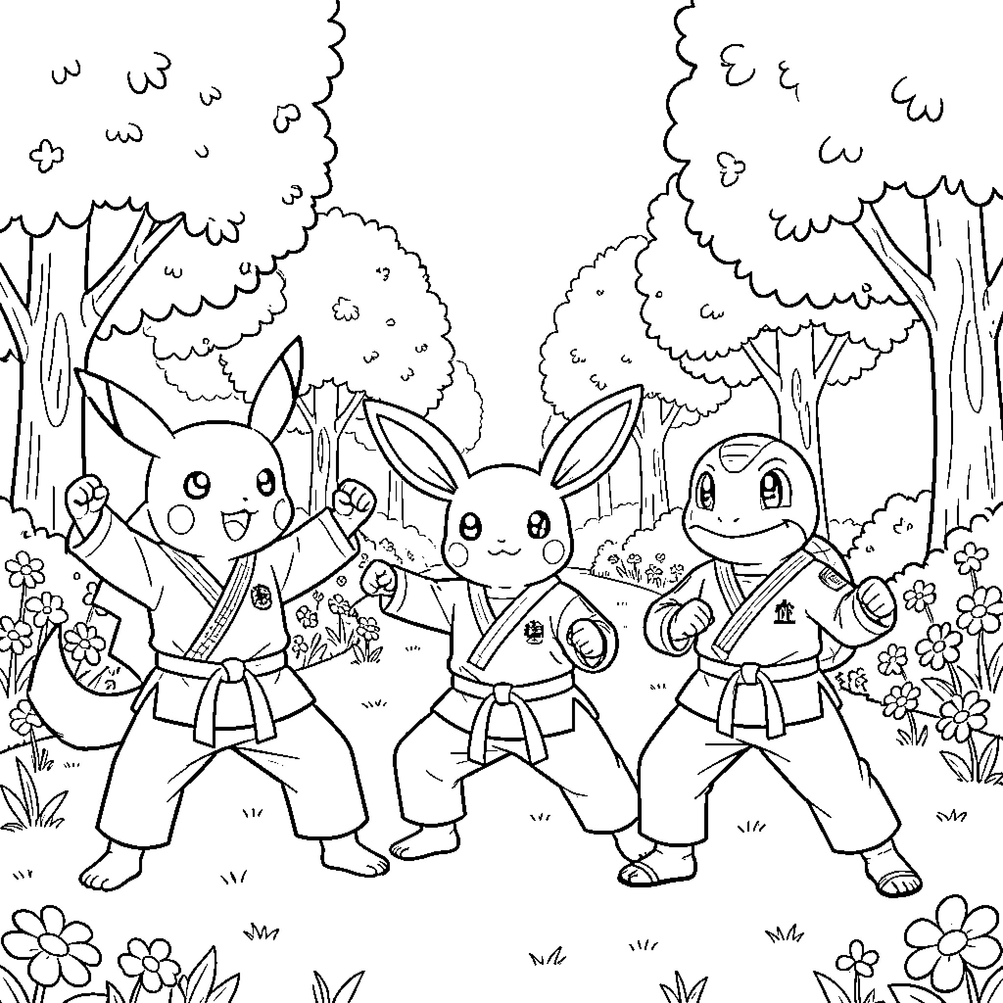 Pikachu and friends in a forest adventure Coloring Page (free black-and-white line drawing printable PDF for all, from beginners to advanced learners, including children, teens, adults, and seniors)