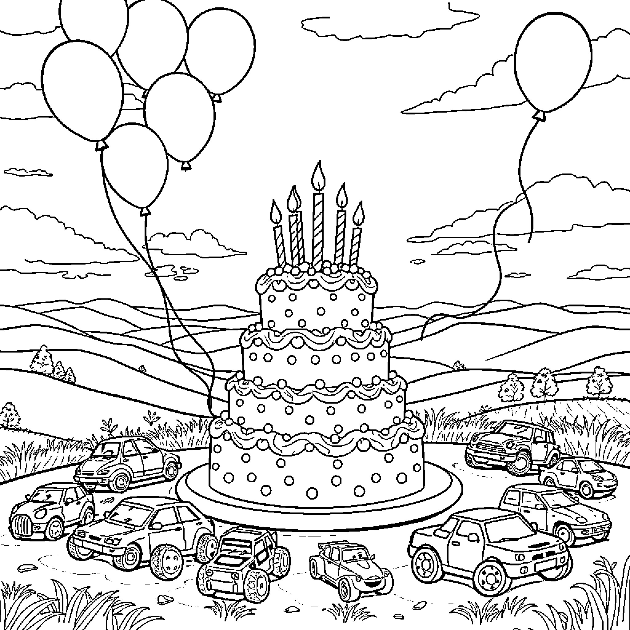 Cars celebrating a birthday party in the countryside Coloring Page (free black-and-white line drawing printable PDF for all, from beginners to advanced learners, including children, teens, adults, and seniors)