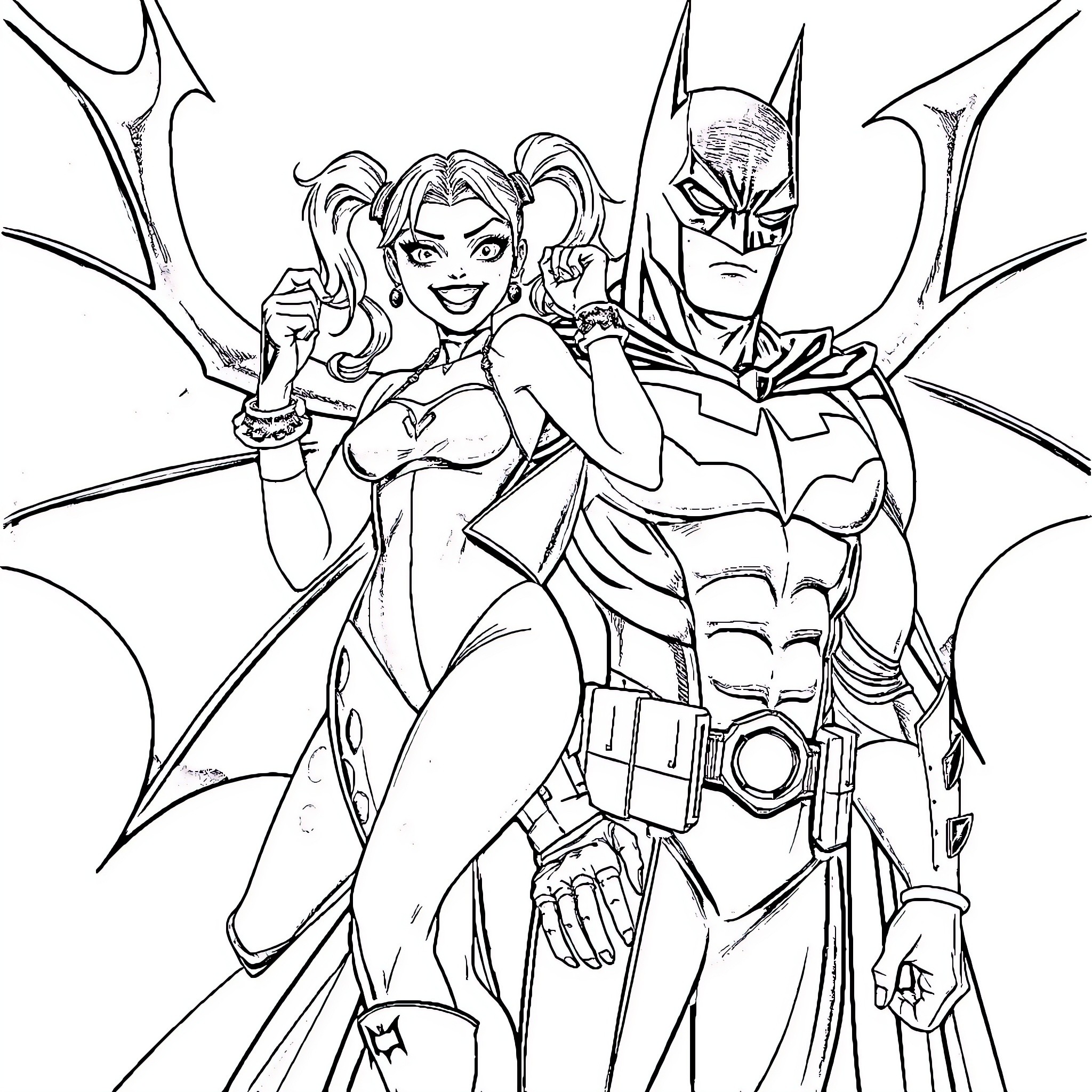 Harley and Batman Facing Challenges Coloring Page (free black-and-white line drawing printable PDF for all, from beginners to advanced learners, including children, teens, adults, and seniors)