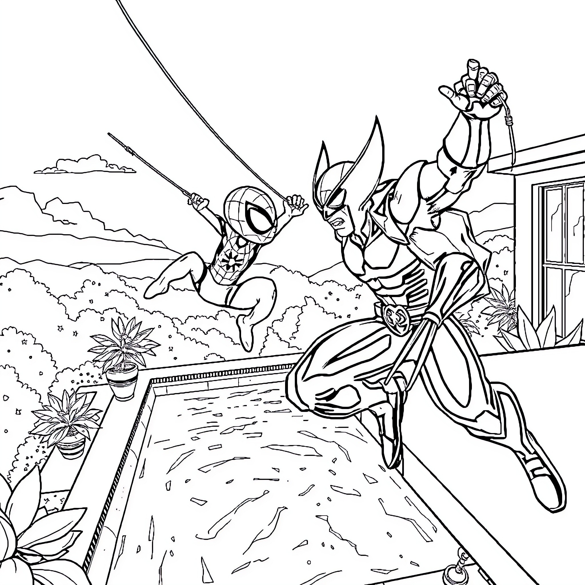 Spiderman and Wolverine battle in an outdoor scene Coloring Page (free black-and-white line drawing printable PDF for all, from beginners to advanced learners, including children, teens, adults, and seniors)
