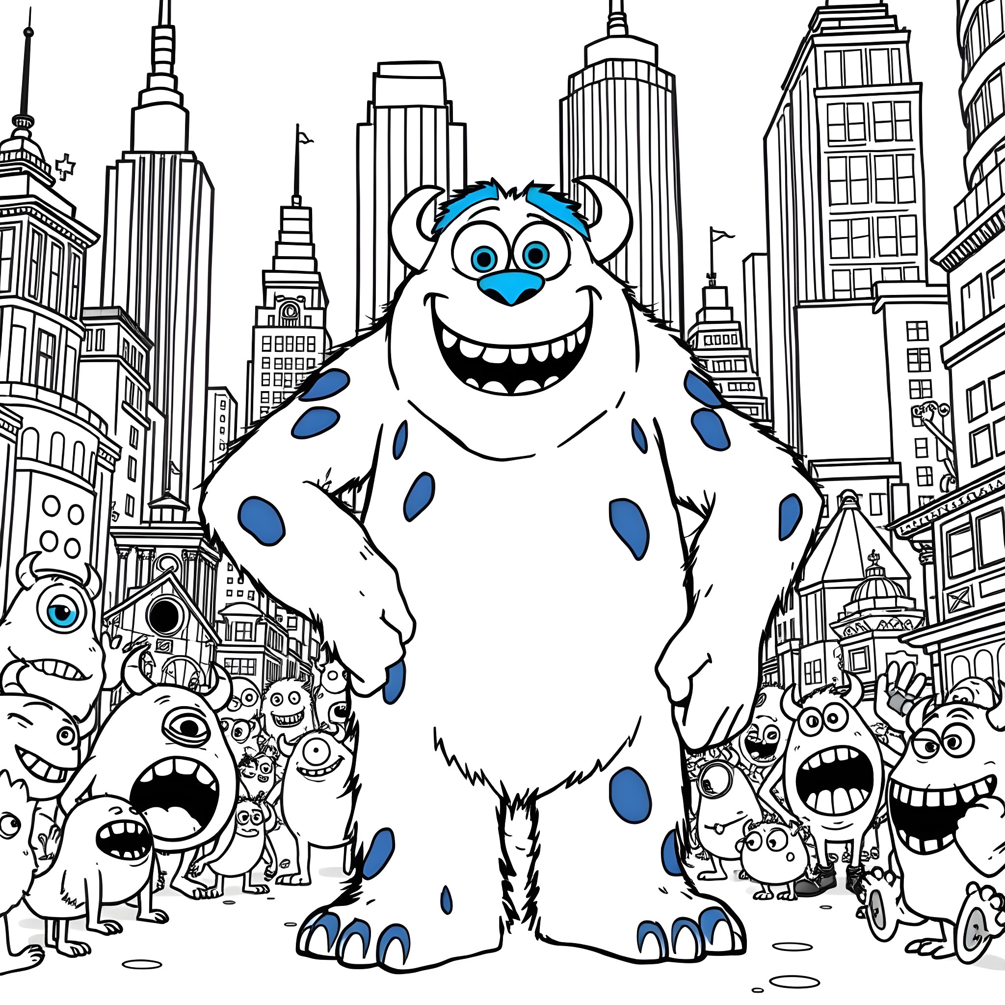Sulley and his monster friends explore the bustling city Coloring Page (free black-and-white line drawing printable PDF for all, from beginners to advanced learners, including children, teens, adults, and seniors)