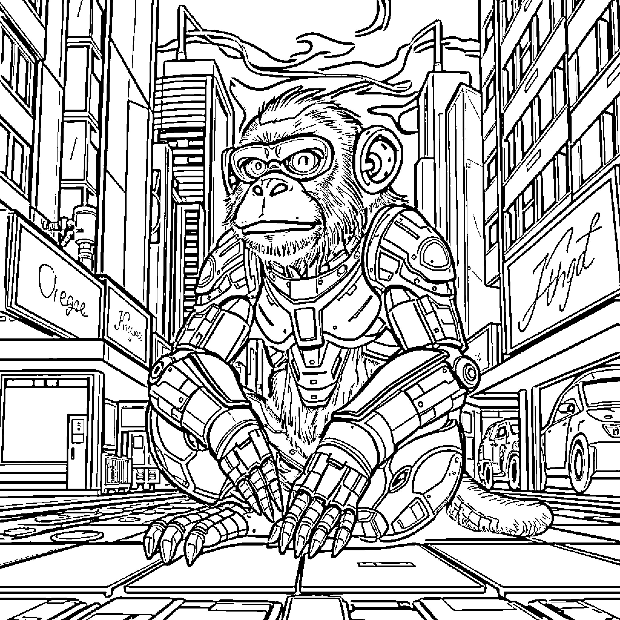 Cyber Monkey exploring the futuristic urban landscape Coloring Page (free black-and-white line drawing printable PDF for all, from beginners to advanced learners, including children, teens, adults, and seniors)