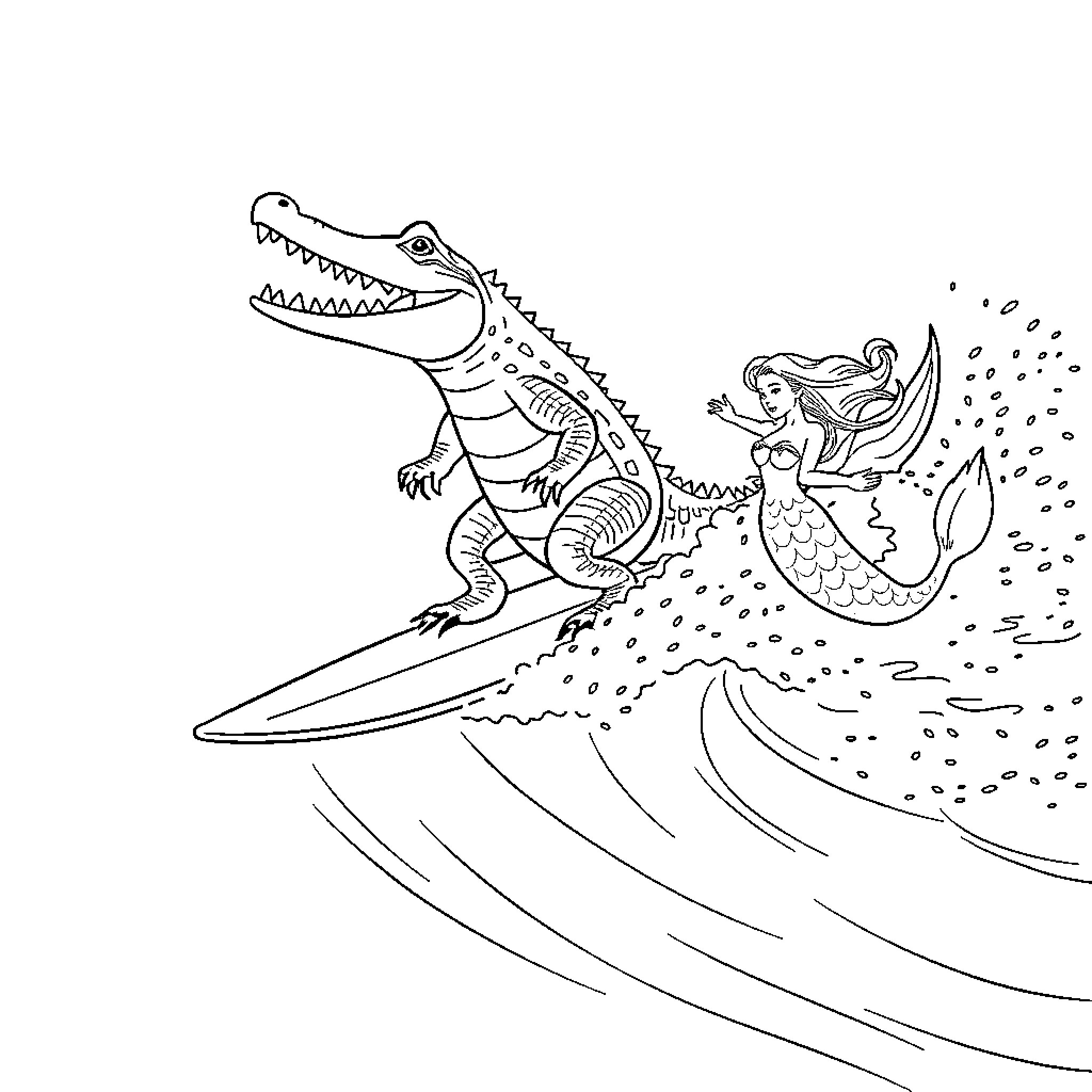 Crocodile surfing with mermaid companion Coloring Page (free black-and-white line drawing printable PDF for all, from beginners to advanced learners, including children, teens, adults, and seniors)