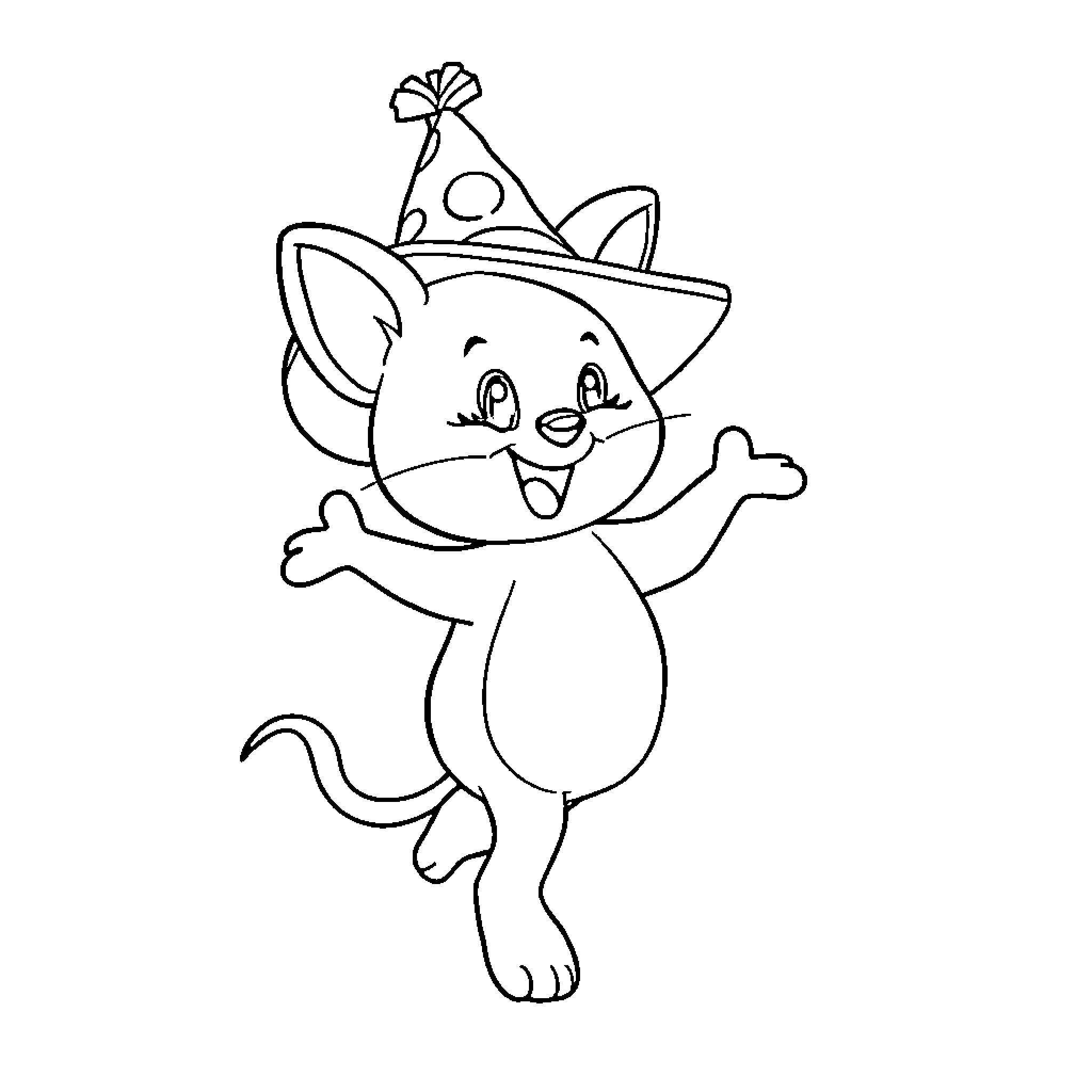 Moussey Kitten Celebrates with Party Hat Coloring Page (free black-and-white line drawing printable PDF for all, from beginners to advanced learners, including children, teens, adults, and seniors)