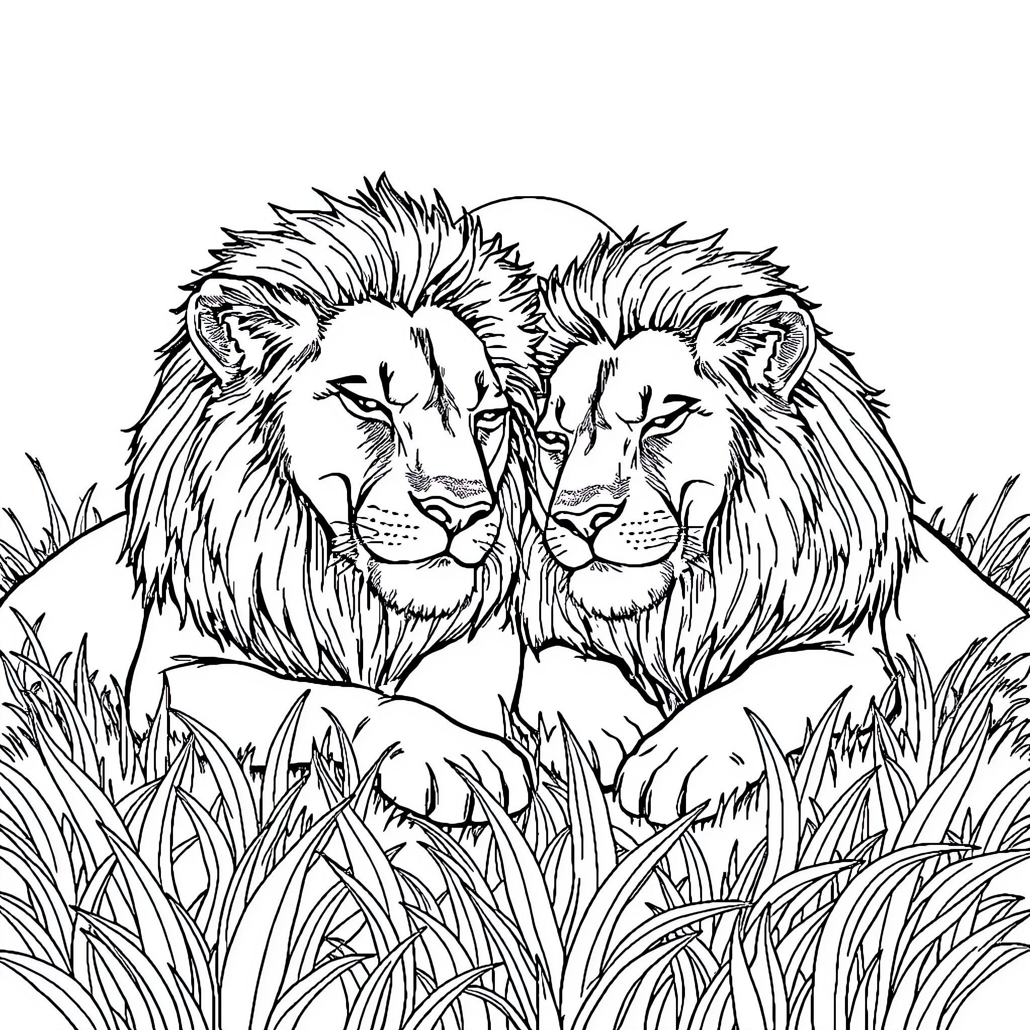 Lion Duo Resting in Tall Grass Coloring Page (free black-and-white line drawing printable PDF for all, from beginners to advanced learners, including children, teens, adults, and seniors)