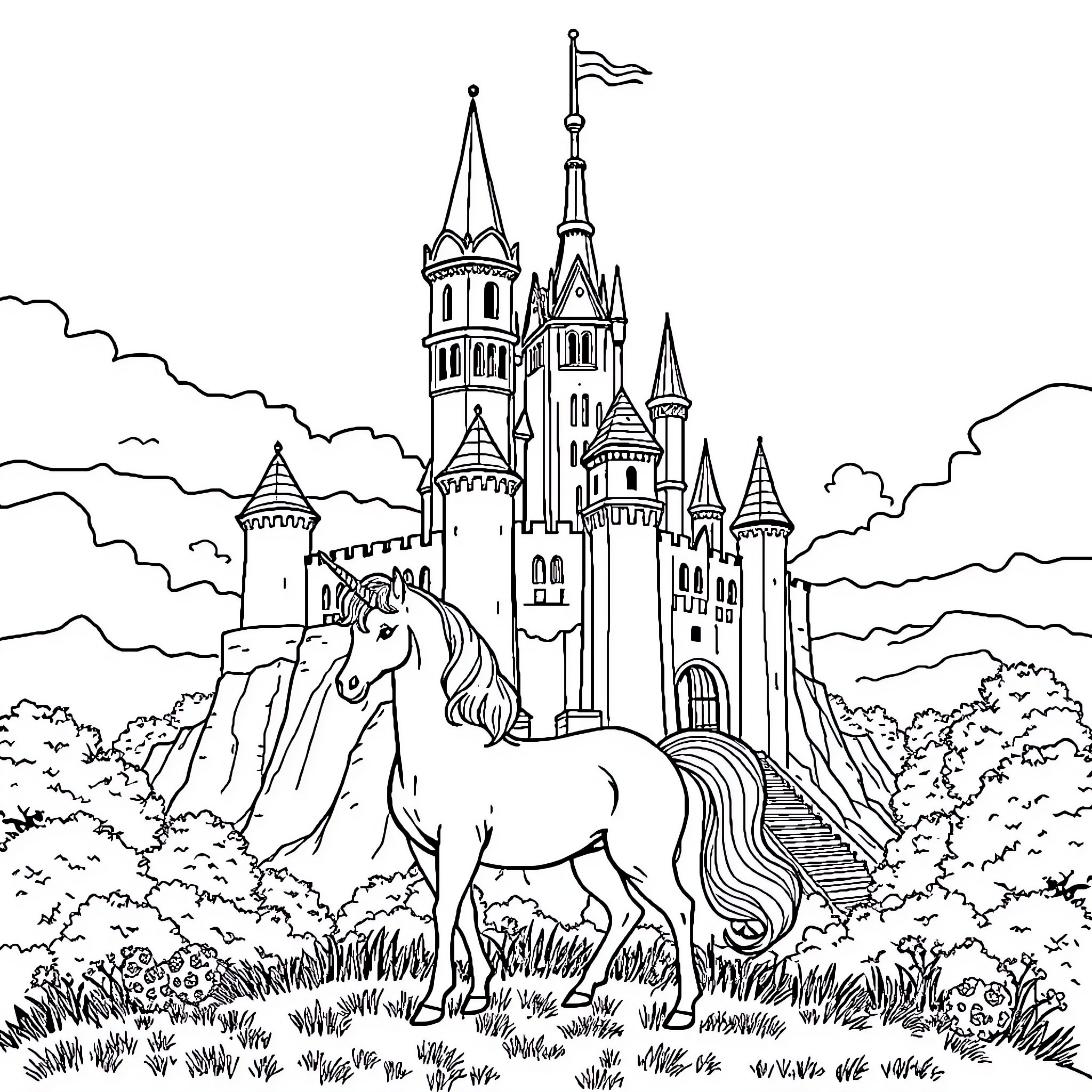 Unicorn standing before enchanted castle Coloring Page (free black-and-white line drawing printable PDF for all, from beginners to advanced learners, including children, teens, adults, and seniors)