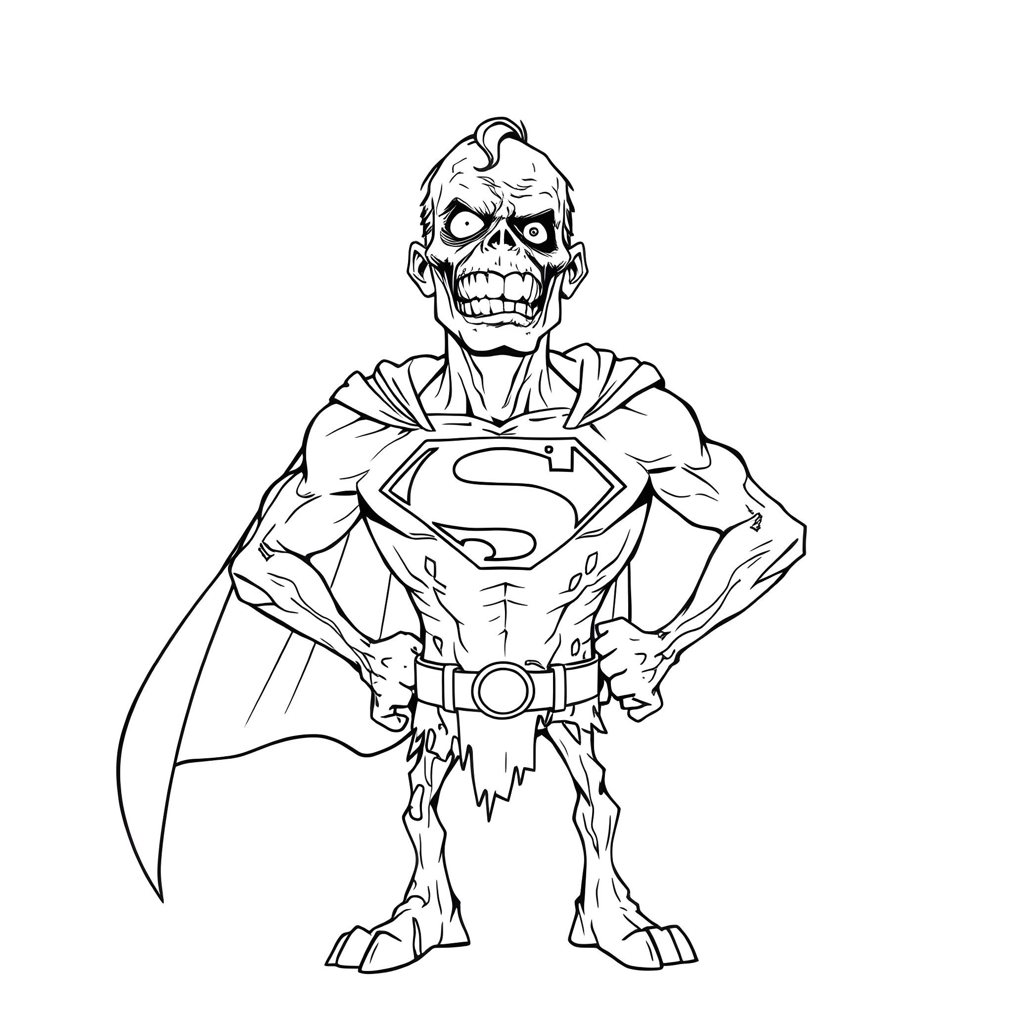 Bizzarro Undead Superhero in Distressed Outfit Coloring Page (free black-and-white line drawing printable PDF for all, from beginners to advanced learners, including children, teens, adults, and seniors)