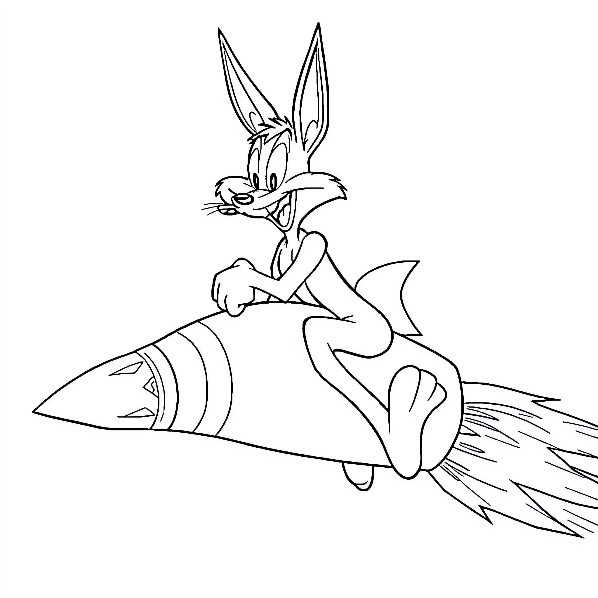 Wile E. Coyote riding a rocket Coloring Page (free black-and-white line drawing printable PDF for all, from beginners to advanced learners, including children, teens, adults, and seniors)