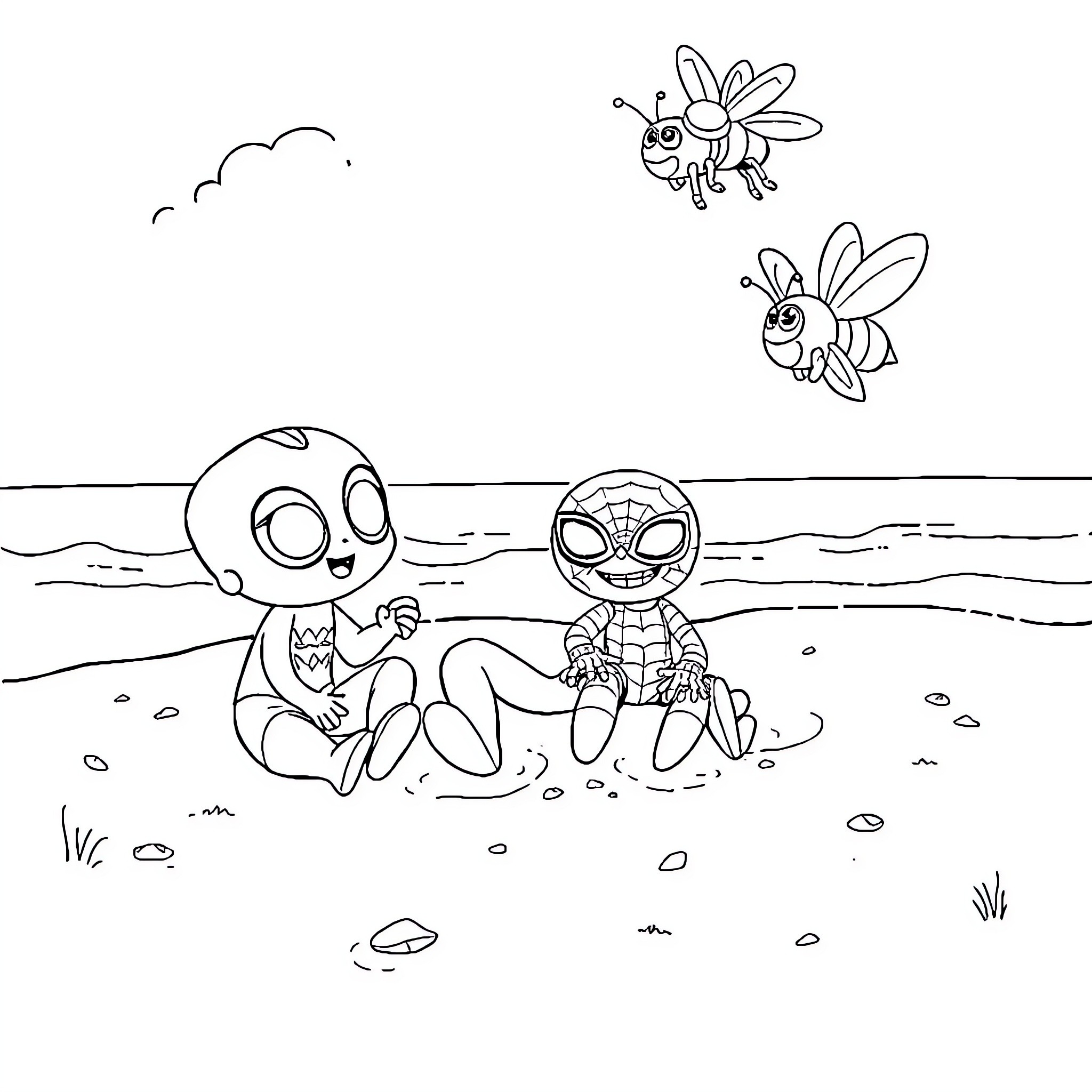 Bluey and friends explore the beach Coloring Page (free black-and-white line drawing printable PDF for all, from beginners to advanced learners, including children, teens, adults, and seniors)