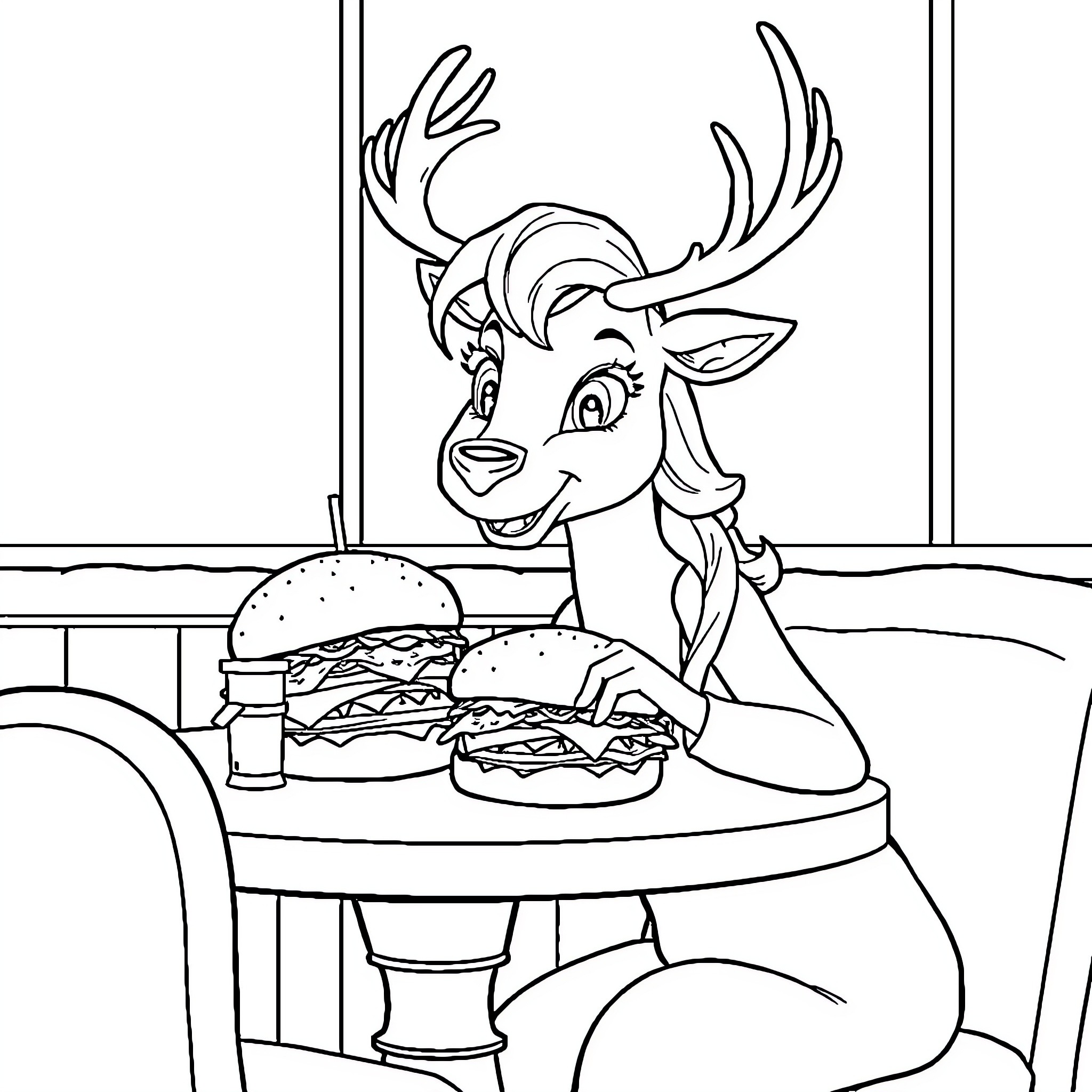 Queen Deer Enjoying Burgers in Diner Coloring Page (free black-and-white line drawing printable PDF for all, from beginners to advanced learners, including children, teens, adults, and seniors)