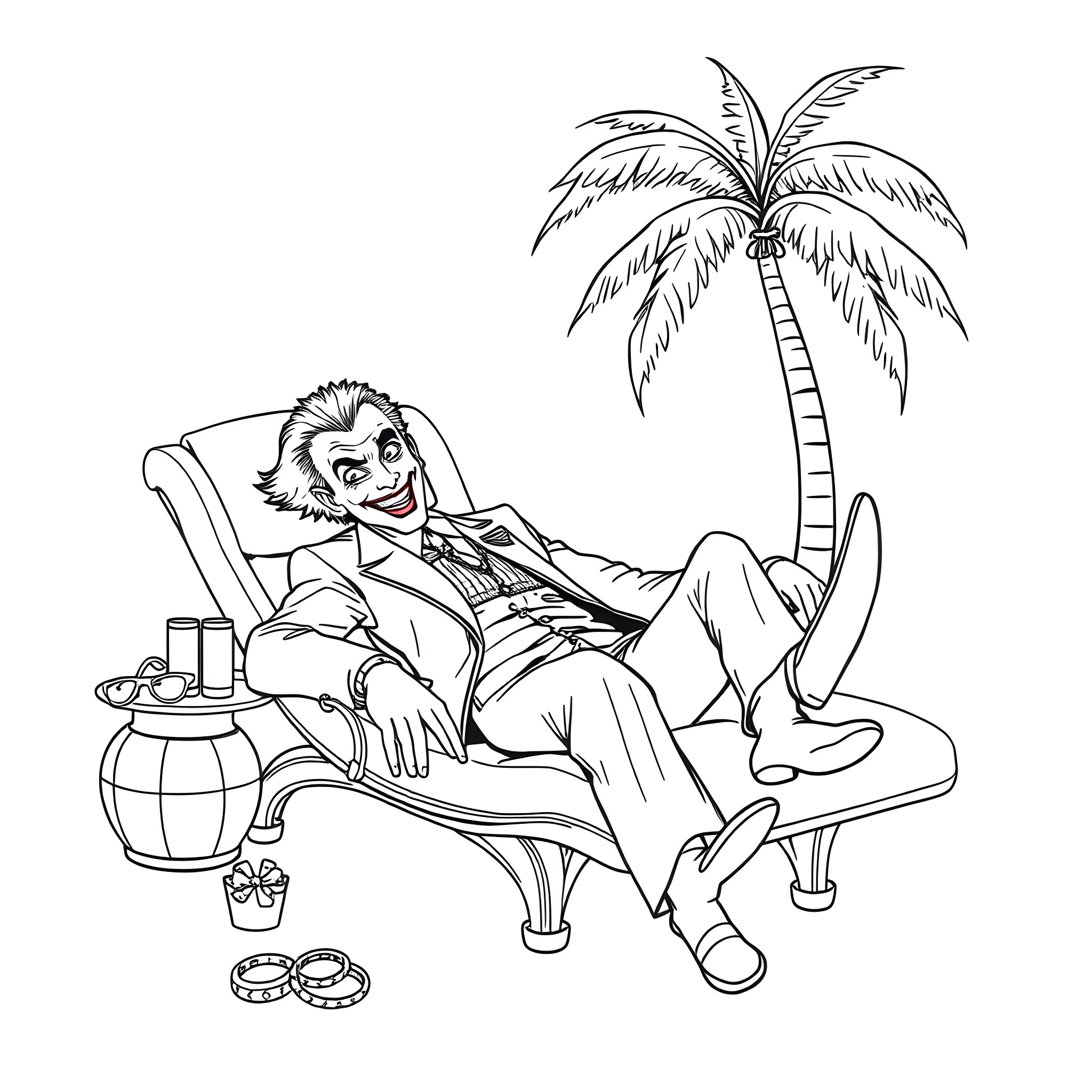 Joker relaxing on a beach chair under a palm tree Coloring Page (free black-and-white line drawing printable PDF for all, from beginners to advanced learners, including children, teens, adults, and seniors)
