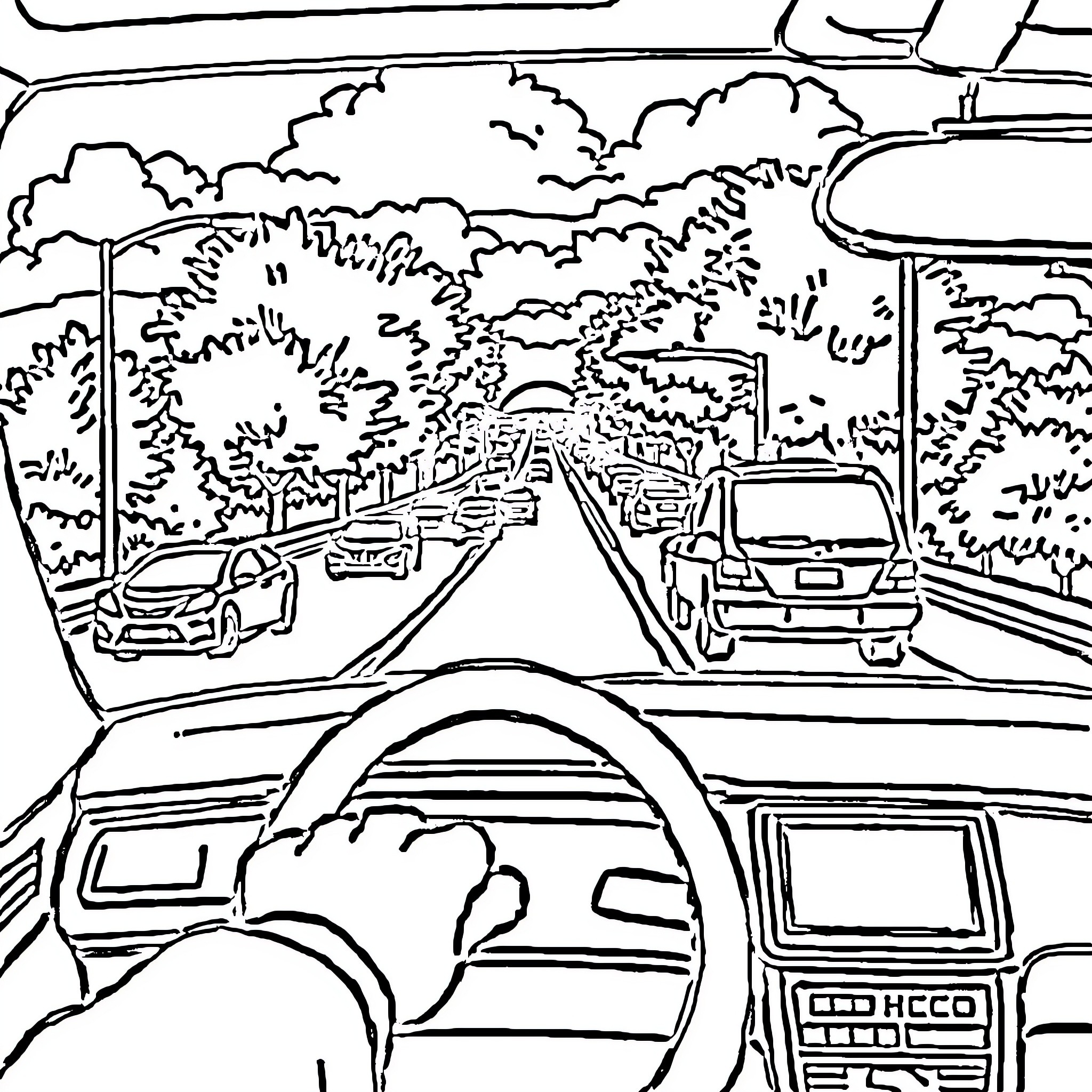 Computer view of driving through a busy street Coloring Page (free black-and-white line drawing printable PDF for all, from beginners to advanced learners, including children, teens, adults, and seniors)