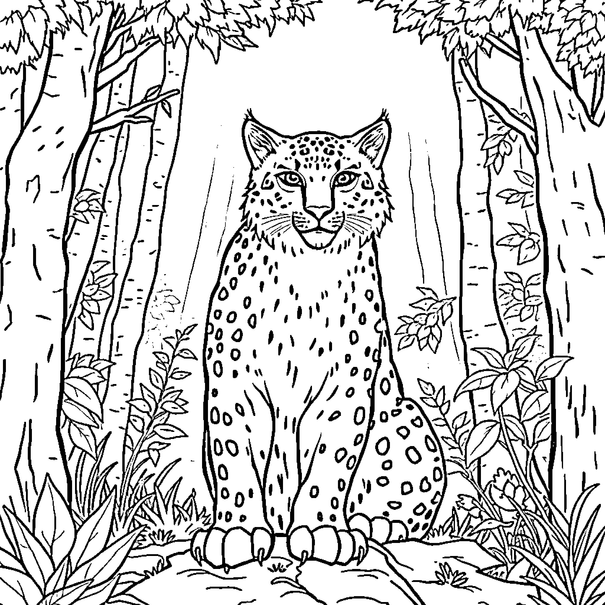 Wolf hiding in the dense forest Coloring Page (free black-and-white line drawing printable PDF for all, from beginners to advanced learners, including children, teens, adults, and seniors)