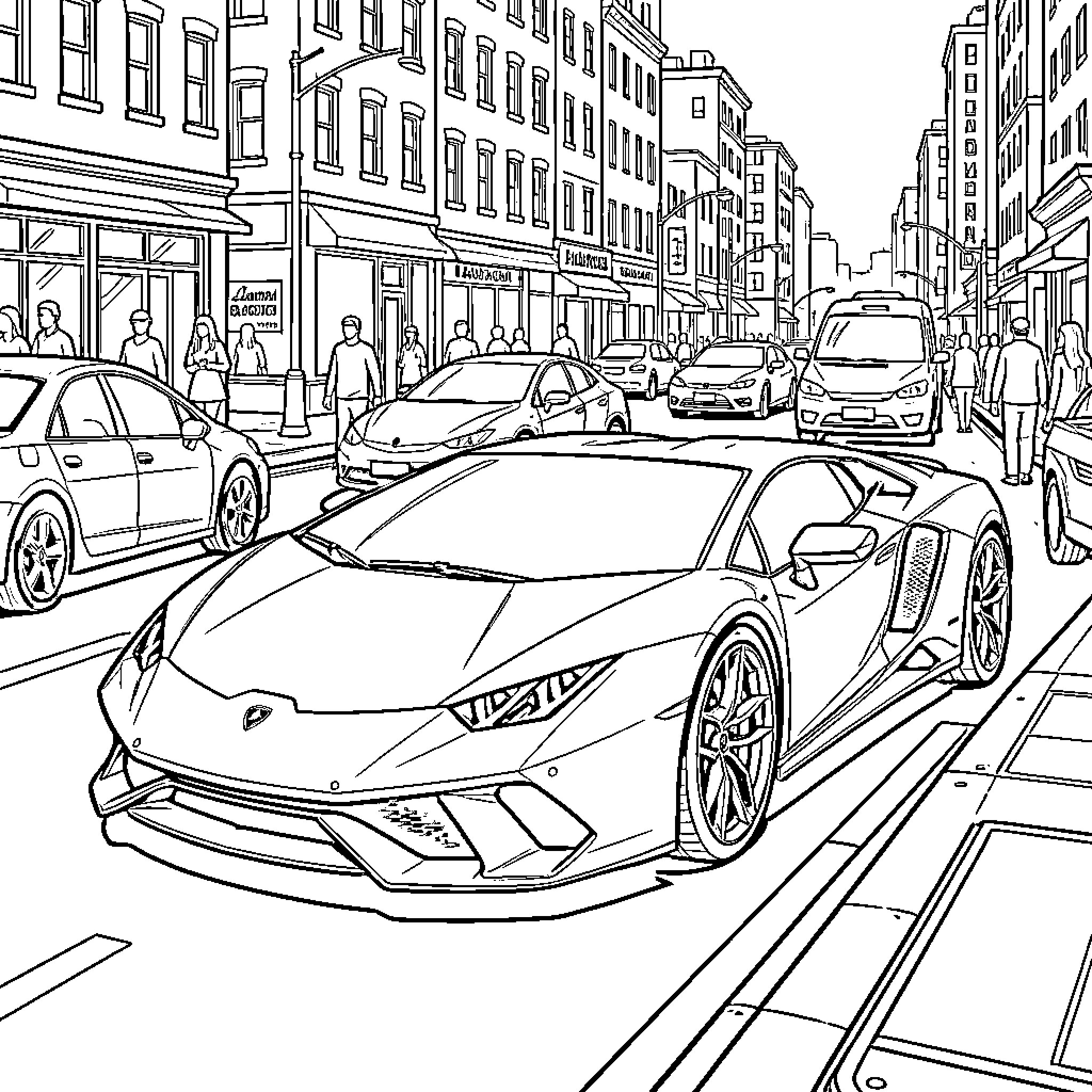 Lamborghini driving through a busy city street scene Coloring Page (free black-and-white line drawing printable PDF for all, from beginners to advanced learners, including children, teens, adults, and seniors)