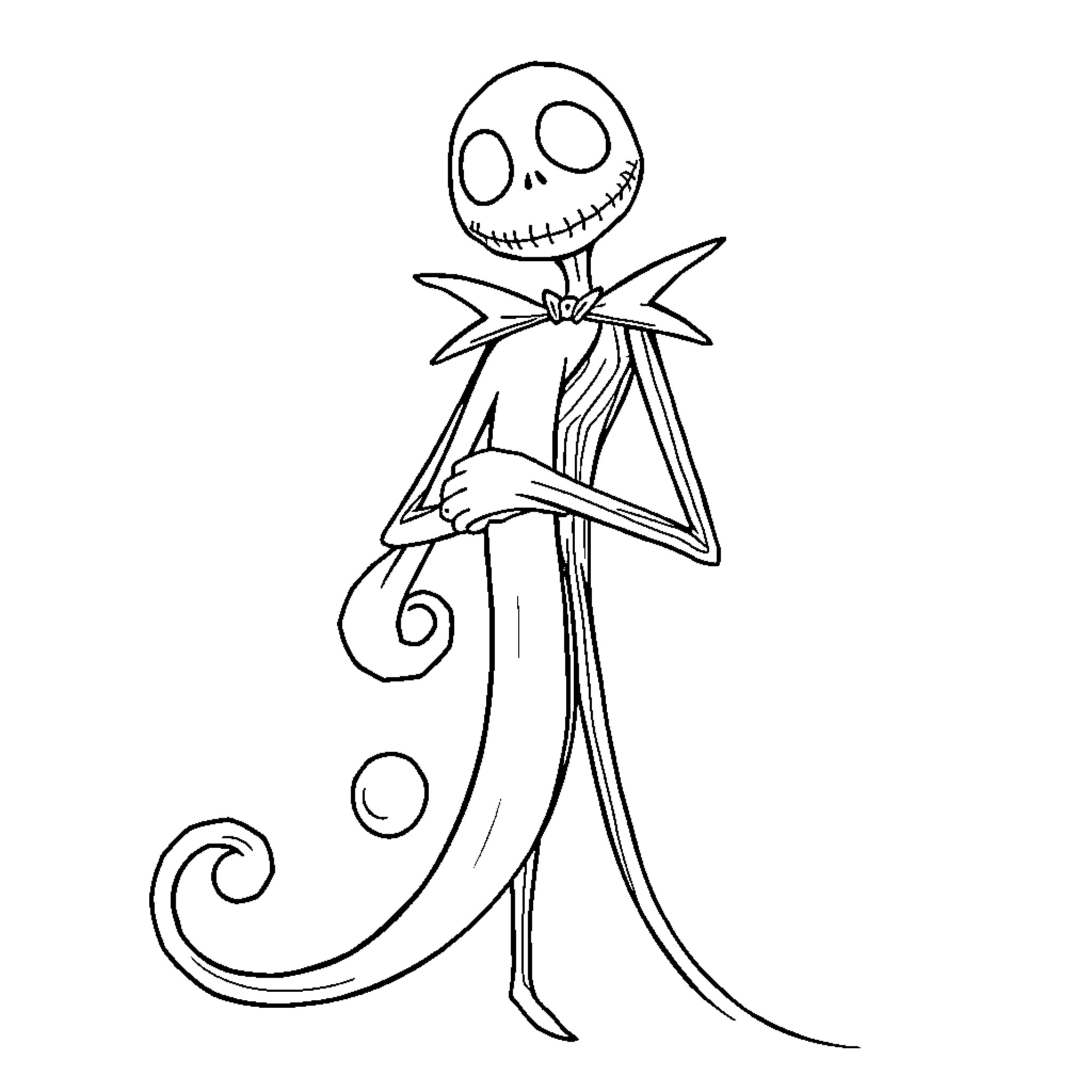 Jack Skellington in signature pose Coloring Page (free black-and-white line drawing printable PDF for all, from beginners to advanced learners, including children, teens, adults, and seniors)