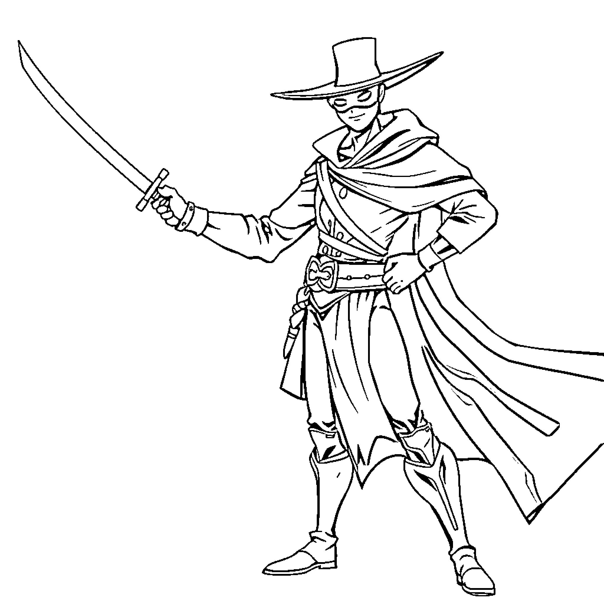 Zorro, the Daring Swordsman in Action Coloring Page (free black-and-white line drawing printable PDF for all, from beginners to advanced learners, including children, teens, adults, and seniors)