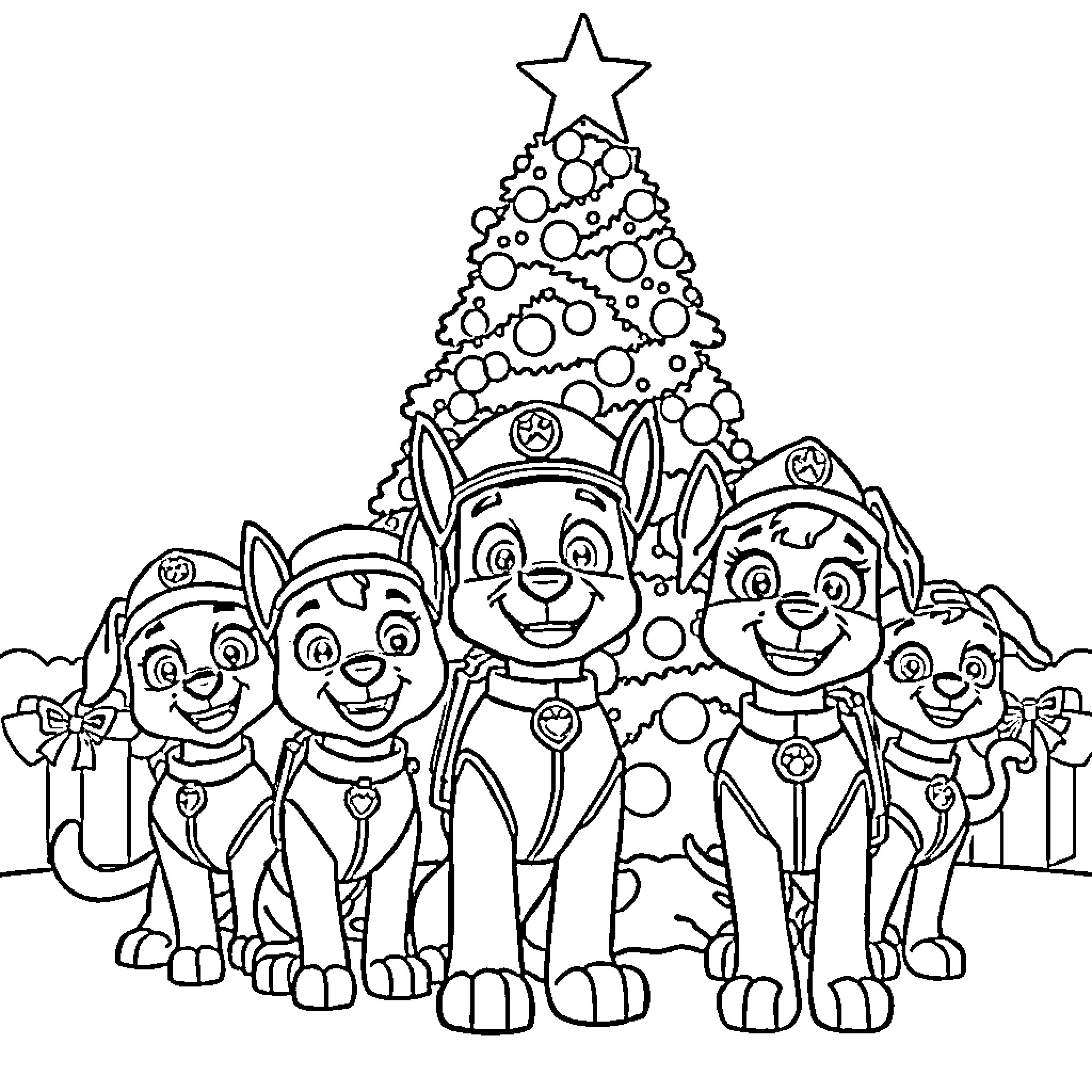 Paw Patrol characters celebrating Christmas near a decorated tree Coloring Page (free black-and-white line drawing printable PDF for all, from beginners to advanced learners, including children, teens, adults, and seniors)