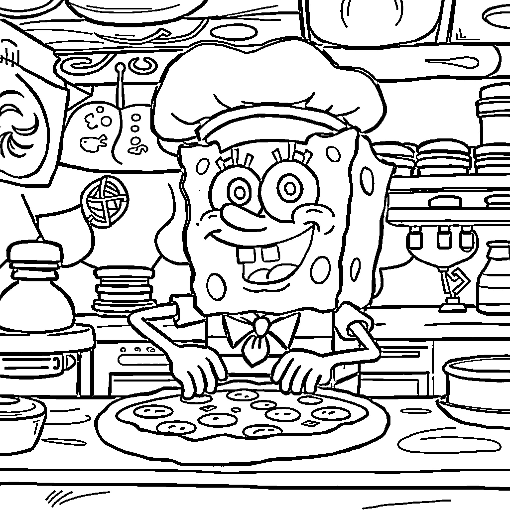 Spongebob cooking a tasty meal in the kitchen Coloring Page (free black-and-white line drawing printable PDF for all, from beginners to advanced learners, including children, teens, adults, and seniors)