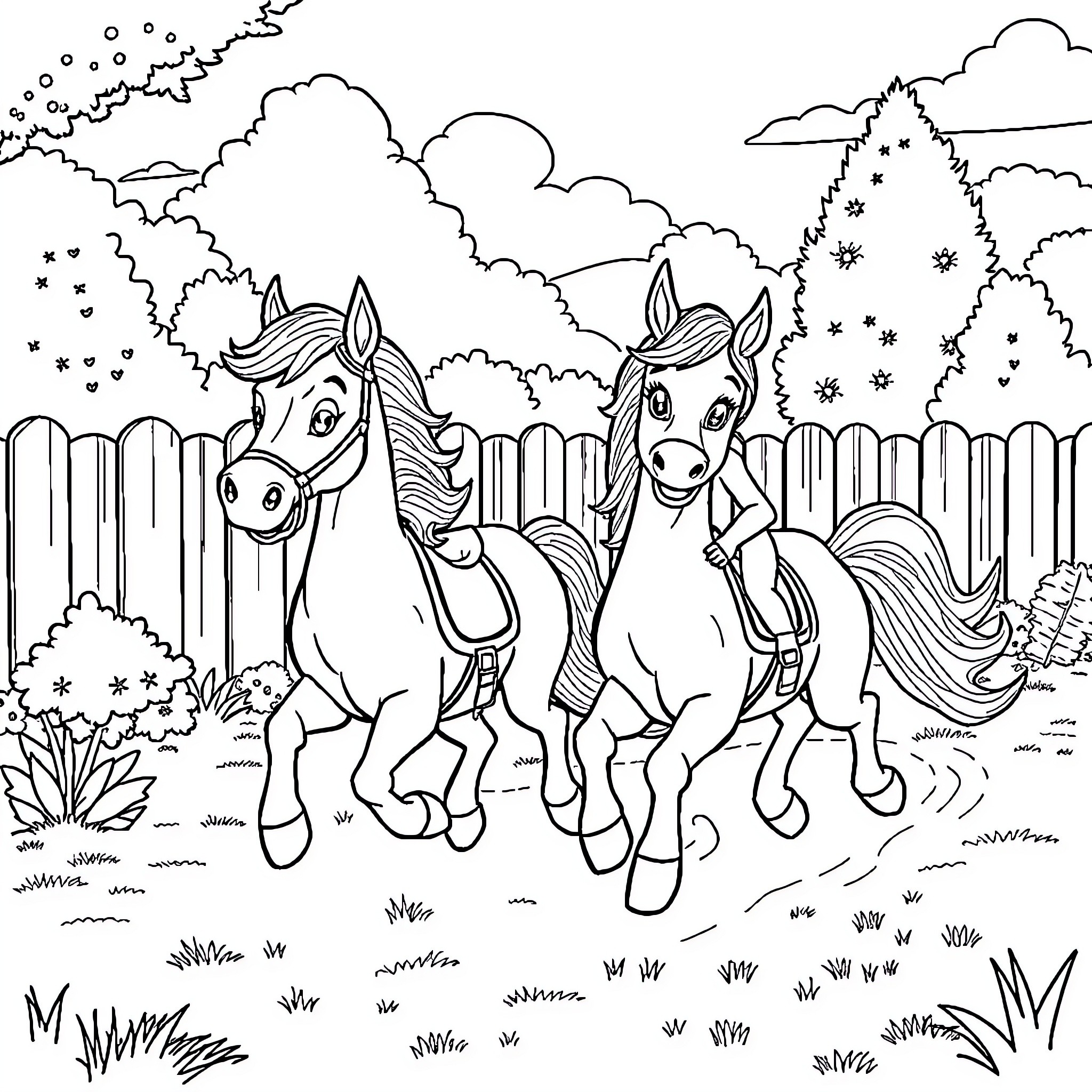 Bluey's Playful Ponies Adventure Coloring Page (free black-and-white line drawing printable PDF for all, from beginners to advanced learners, including children, teens, adults, and seniors)