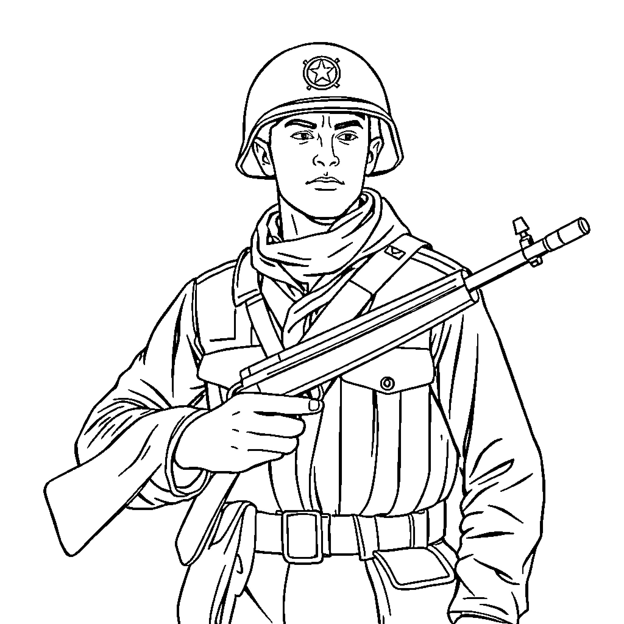 Man in military uniform holding rifle Coloring Page (free black-and-white line drawing printable PDF for all, from beginners to advanced learners, including children, teens, adults, and seniors)