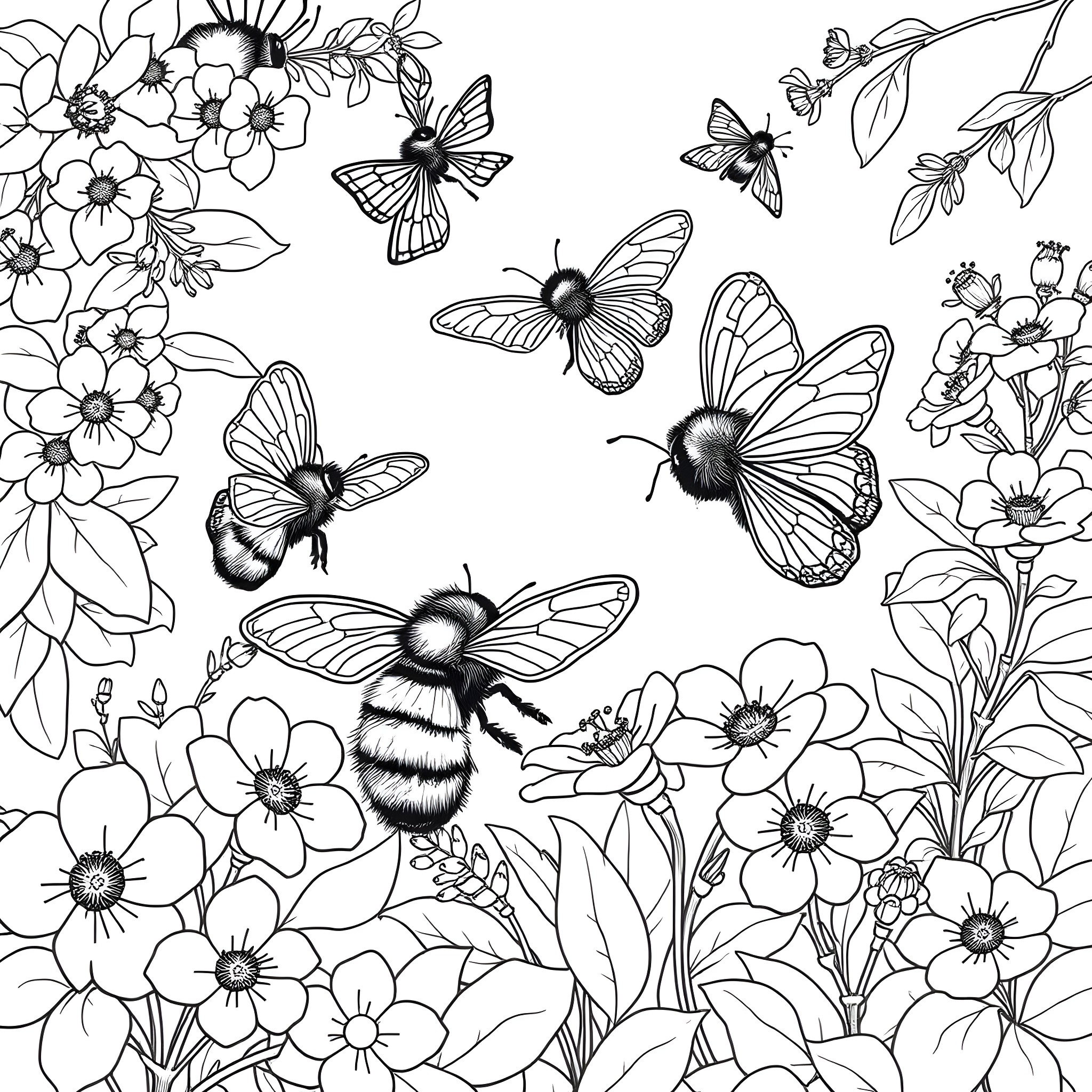 Bumblebee and butterflies in a flower garden Coloring Page (free black-and-white line drawing printable PDF for all, from beginners to advanced learners, including children, teens, adults, and seniors)