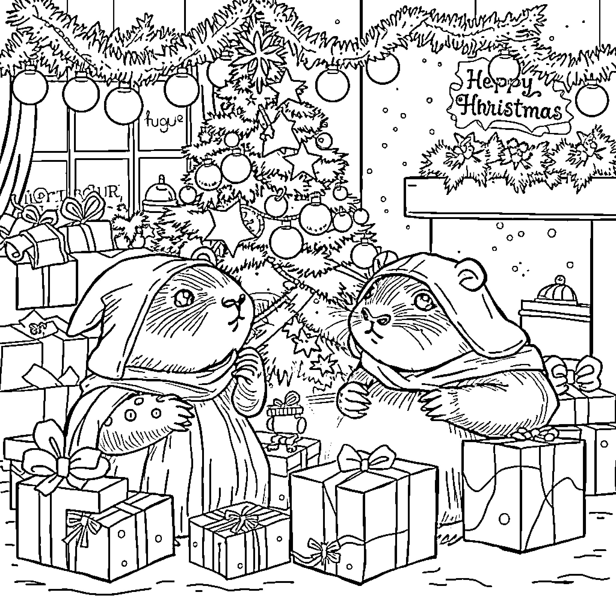 Capybara celebrating Christmas with friends in a cozy home Coloring Page (free black-and-white line drawing printable PDF for all, from beginners to advanced learners, including children, teens, adults, and seniors)