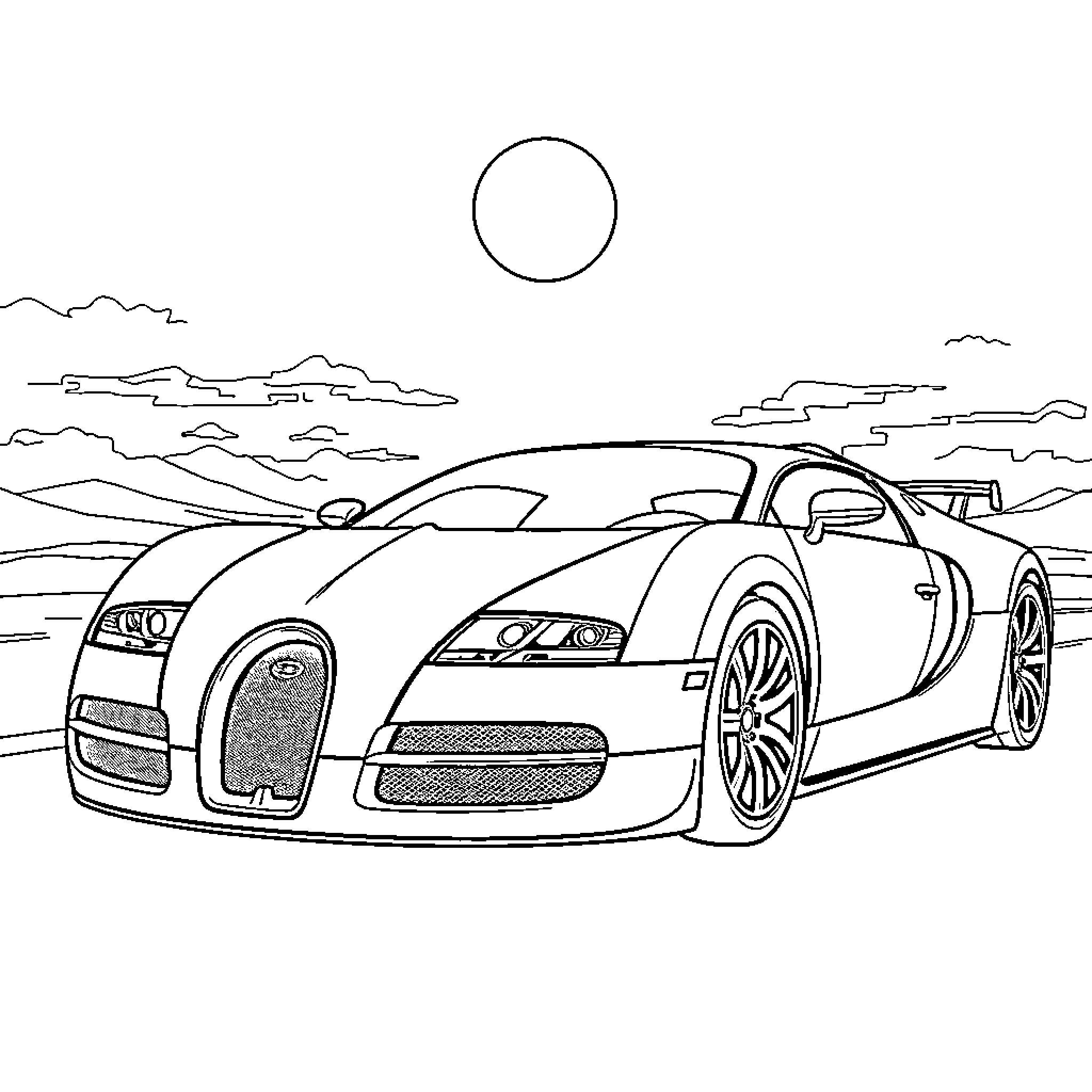 Bugatti supercar speeding through the desert landscape Coloring Page (free black-and-white line drawing printable PDF for all, from beginners to advanced learners, including children, teens, adults, and seniors)