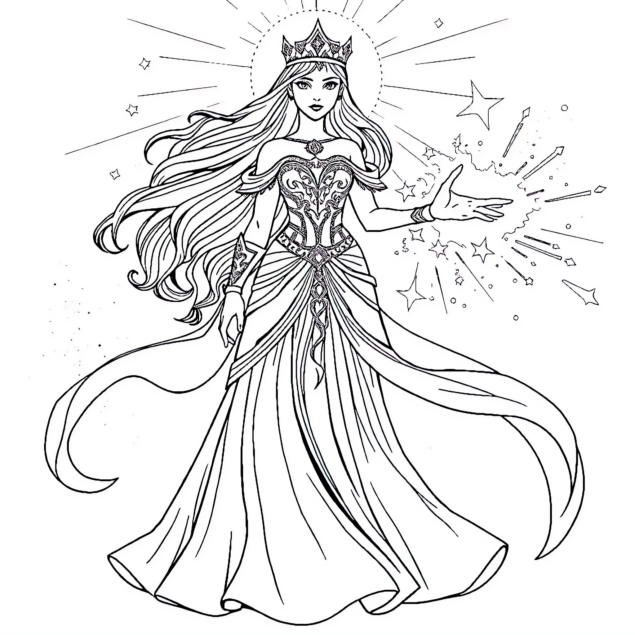 Princess casting a magical spell Coloring Page (free black-and-white line drawing printable PDF for all, from beginners to advanced learners, including children, teens, adults, and seniors)