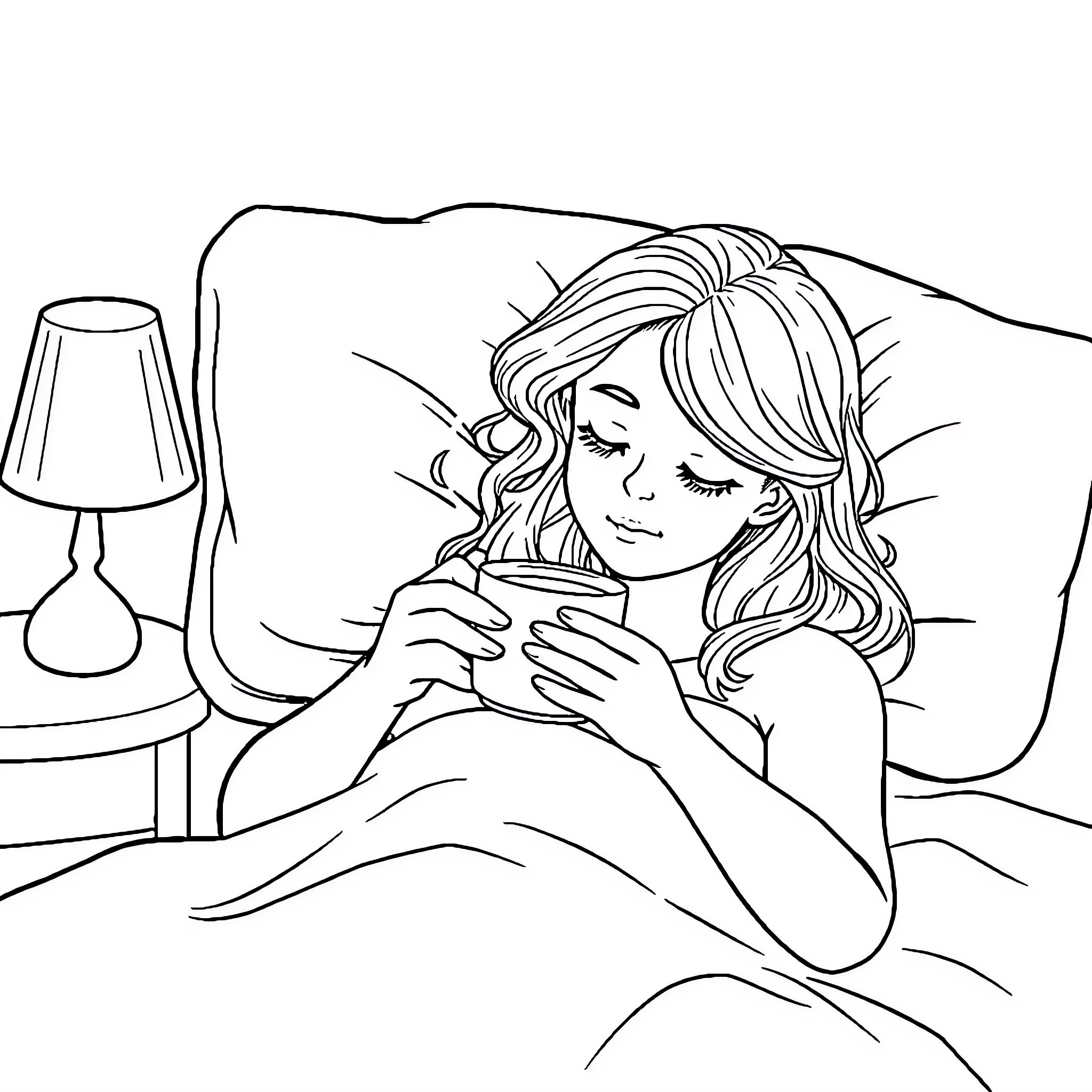 Girl resting peacefully in bed with a book Coloring Page (free black-and-white line drawing printable PDF for all, from beginners to advanced learners, including children, teens, adults, and seniors)