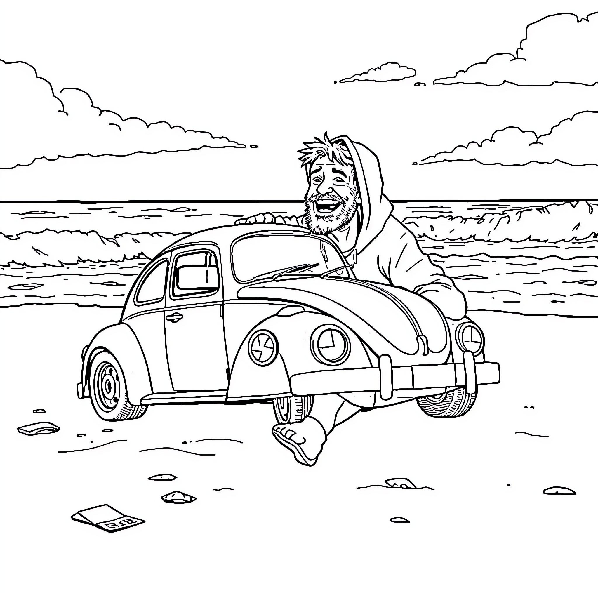 Hotwheels car on the beach with a happy character Coloring Page (free black-and-white line drawing printable PDF for all, from beginners to advanced learners, including children, teens, adults, and seniors)