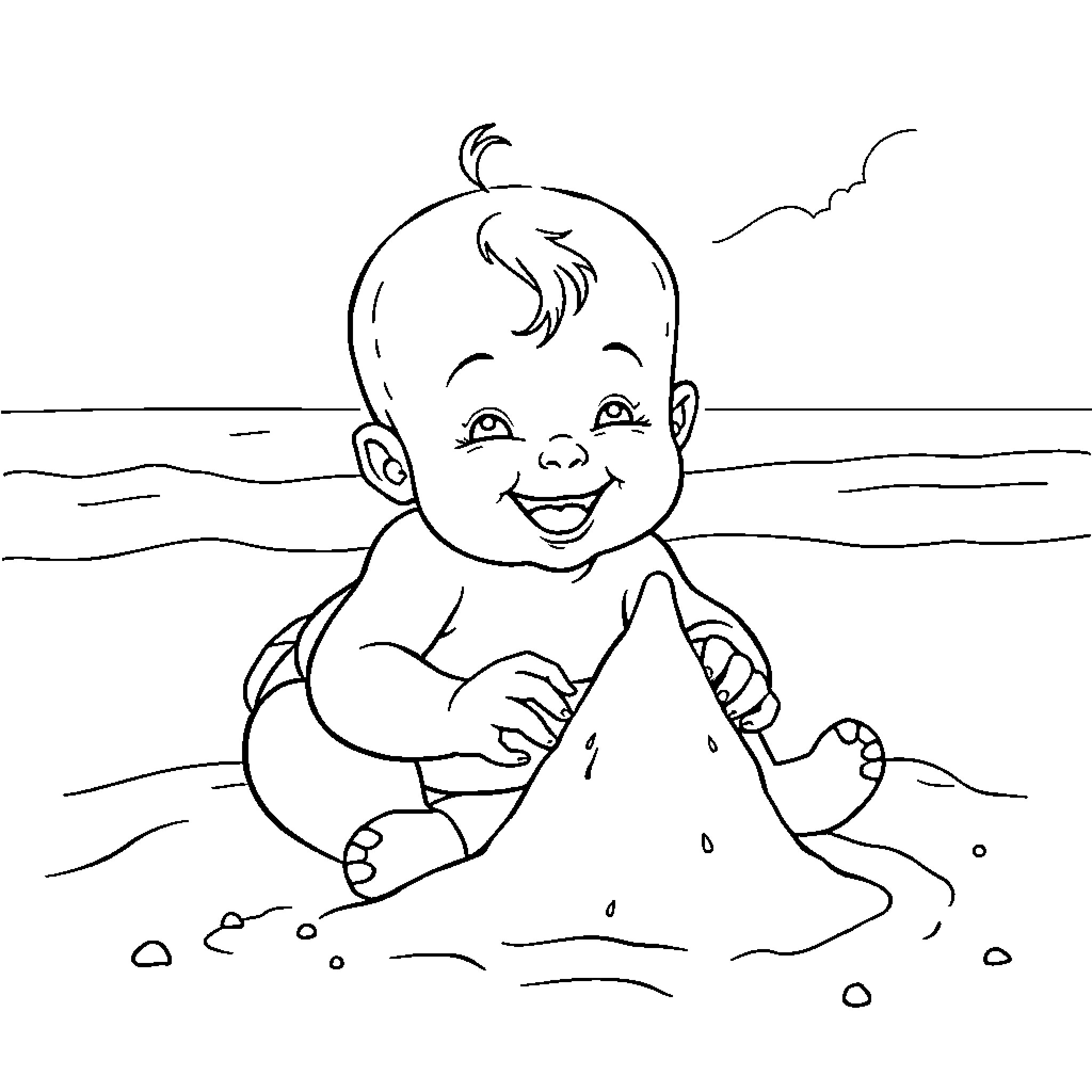 Baby playing happily in the sand Coloring Page (free black-and-white line drawing printable PDF for all, from beginners to advanced learners, including children, teens, adults, and seniors)