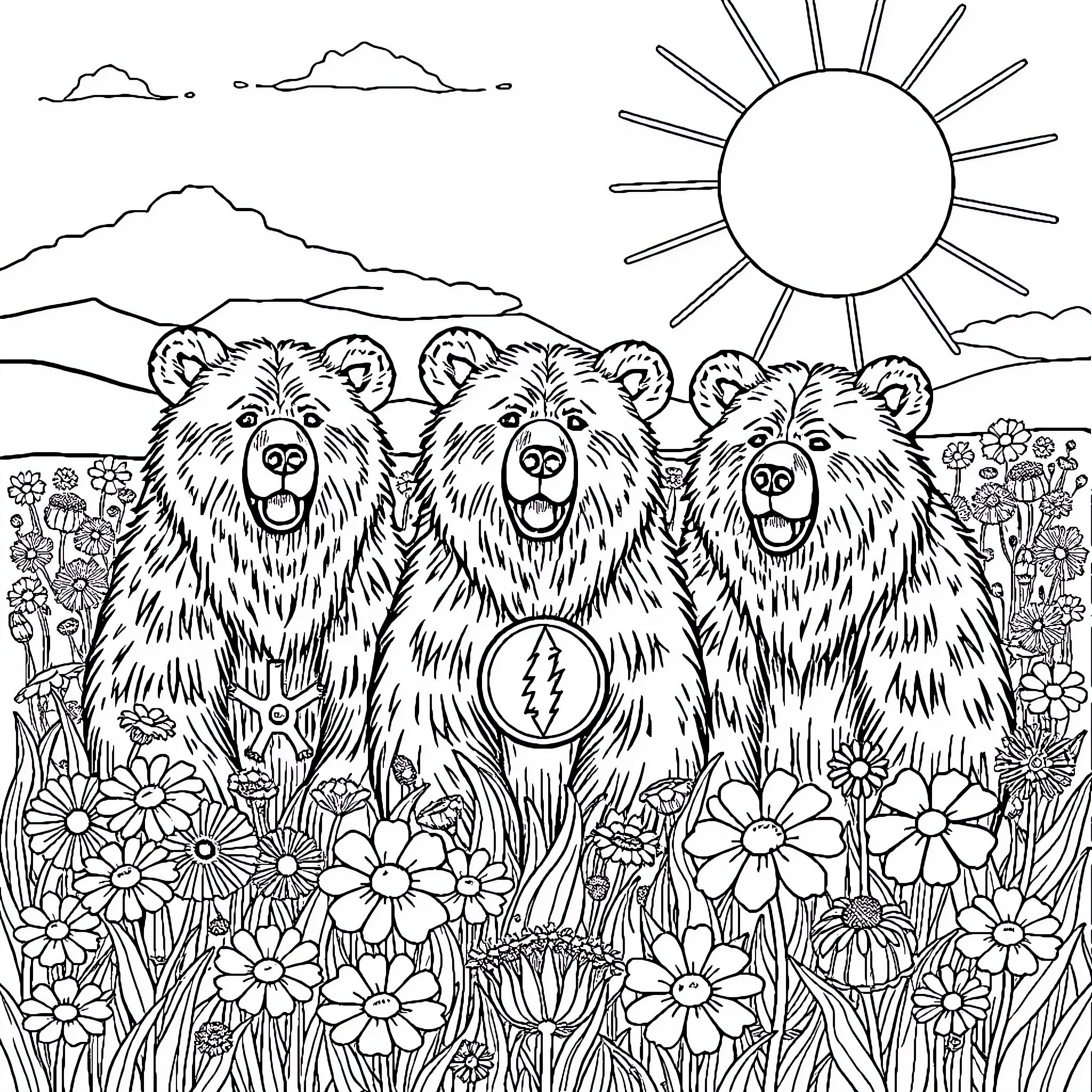 Bear trio in flowery meadow basking in sunshine Coloring Page (free black-and-white line drawing printable PDF for all, from beginners to advanced learners, including children, teens, adults, and seniors)
